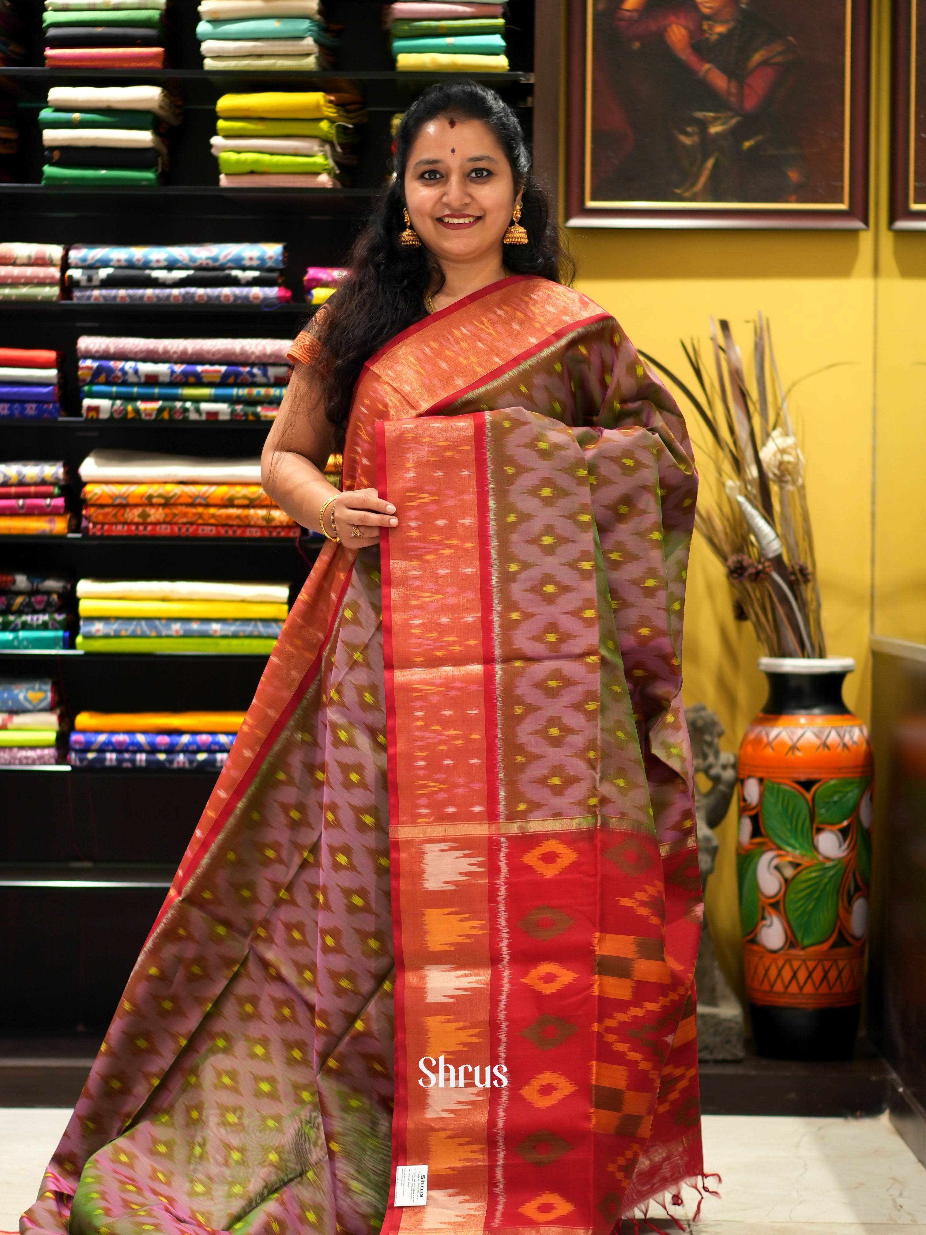 Dusty Brown & Red- Pochampally sico saree - Shop on ShrusEternity.com