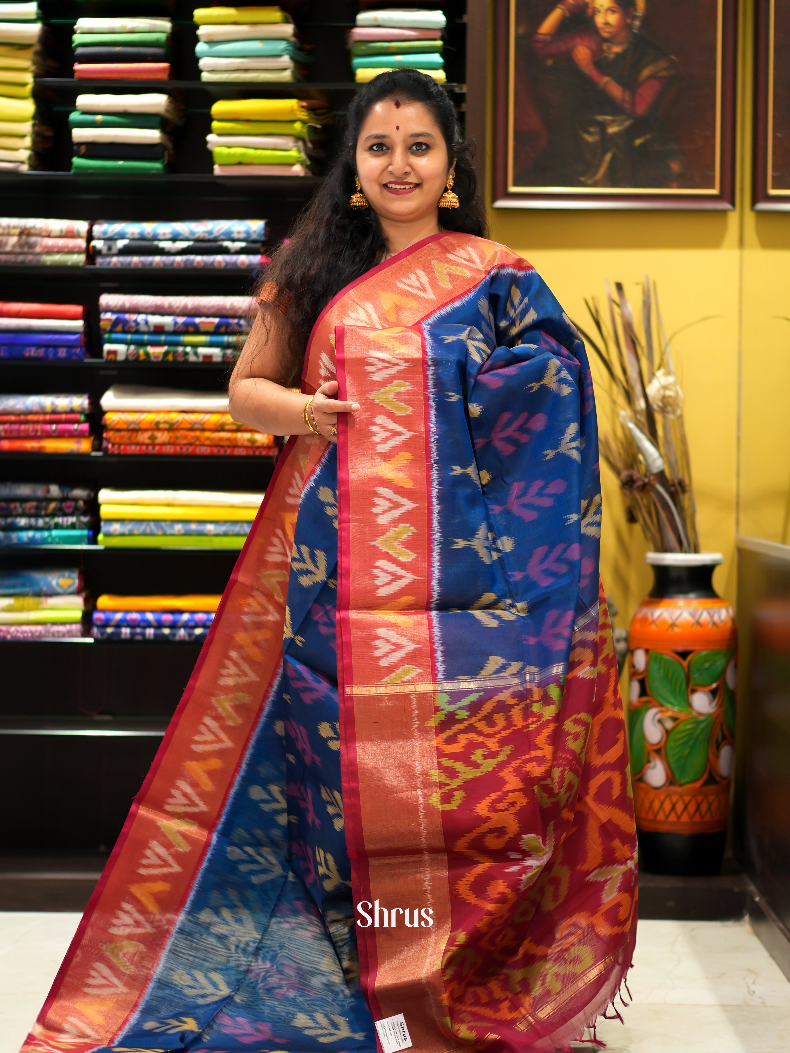 Blue & Red - Pochampally sico saree - Shop on ShrusEternity.com
