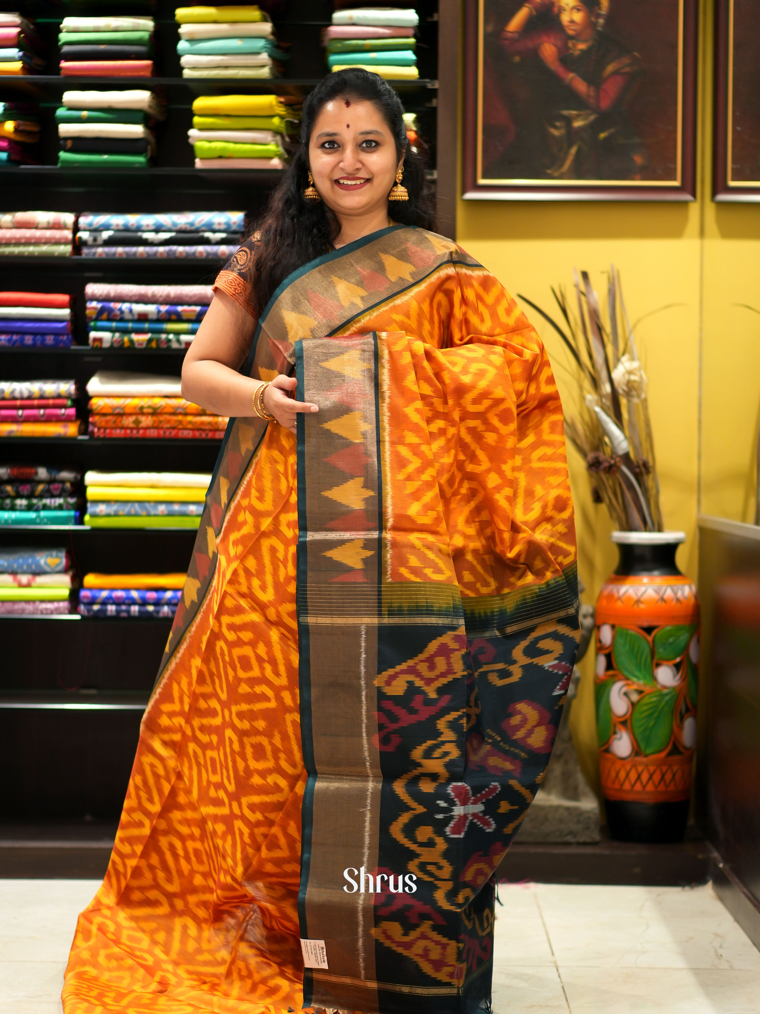 Orange & Green - Pochampally sico saree - Shop on ShrusEternity.com