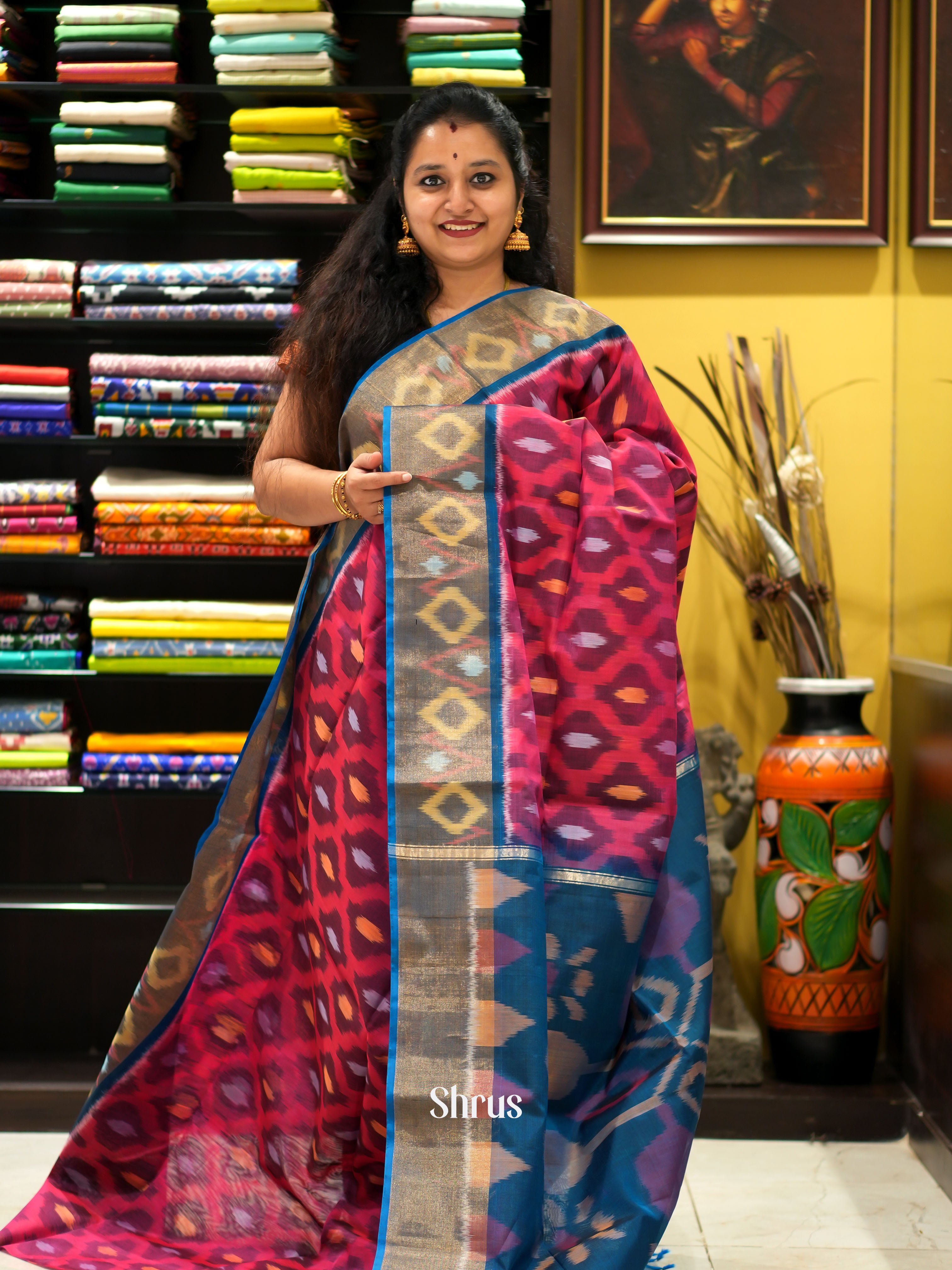 Pink & Blue - Pochampally sico saree - Shop on ShrusEternity.com