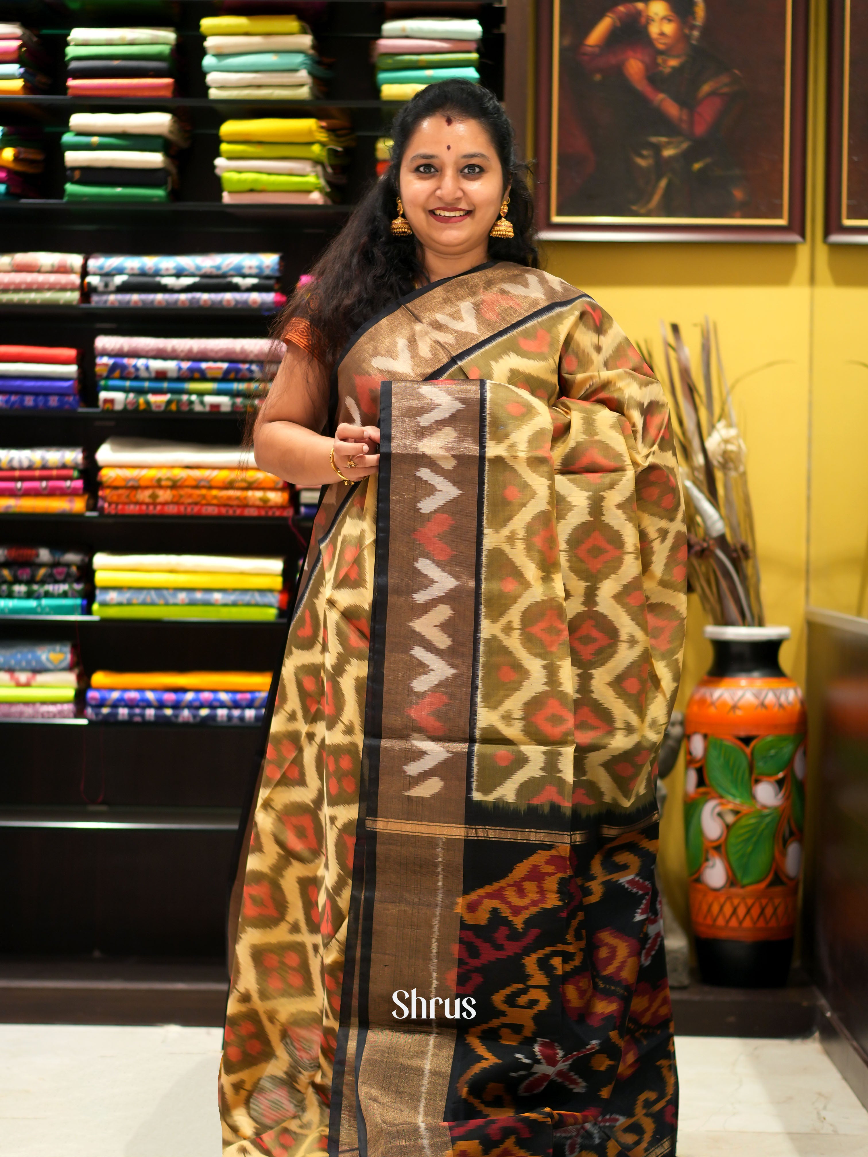 Cream & Black - Pochampally sico saree - Shop on ShrusEternity.com