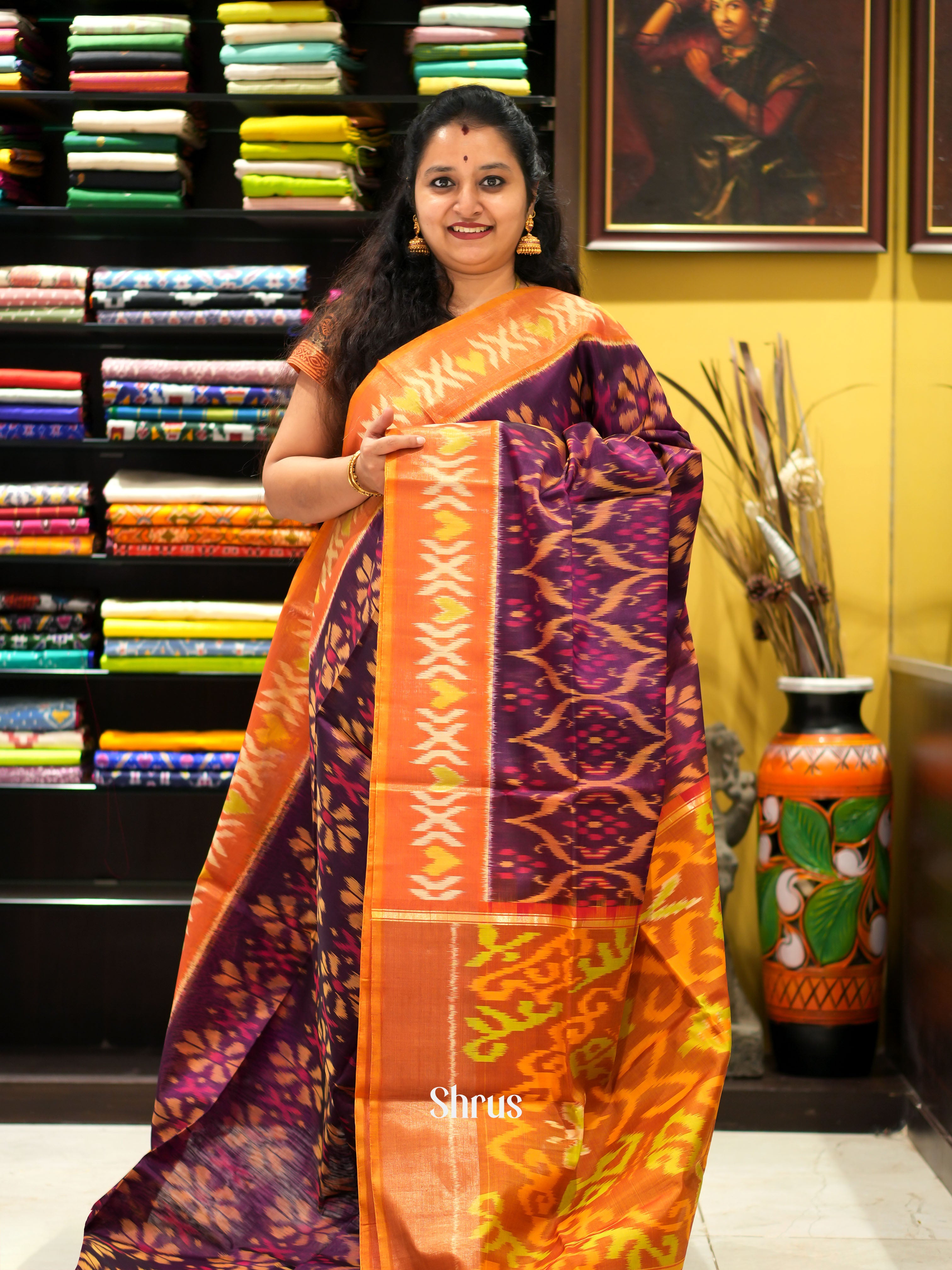 Purple & Orange - Pochampally sico saree - Shop on ShrusEternity.com