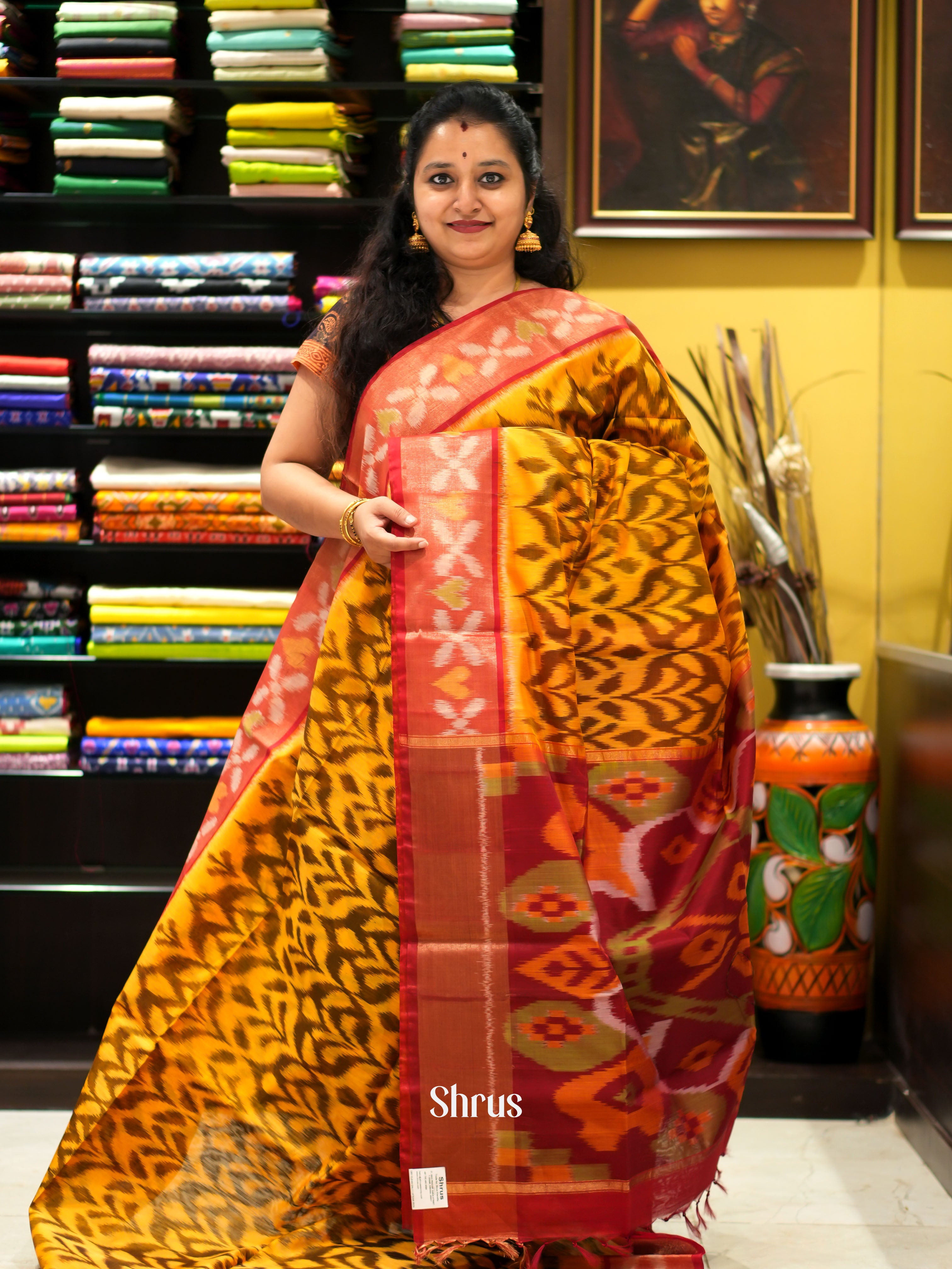 Mustard & Red - Pochampally sico saree - Shop on ShrusEternity.com