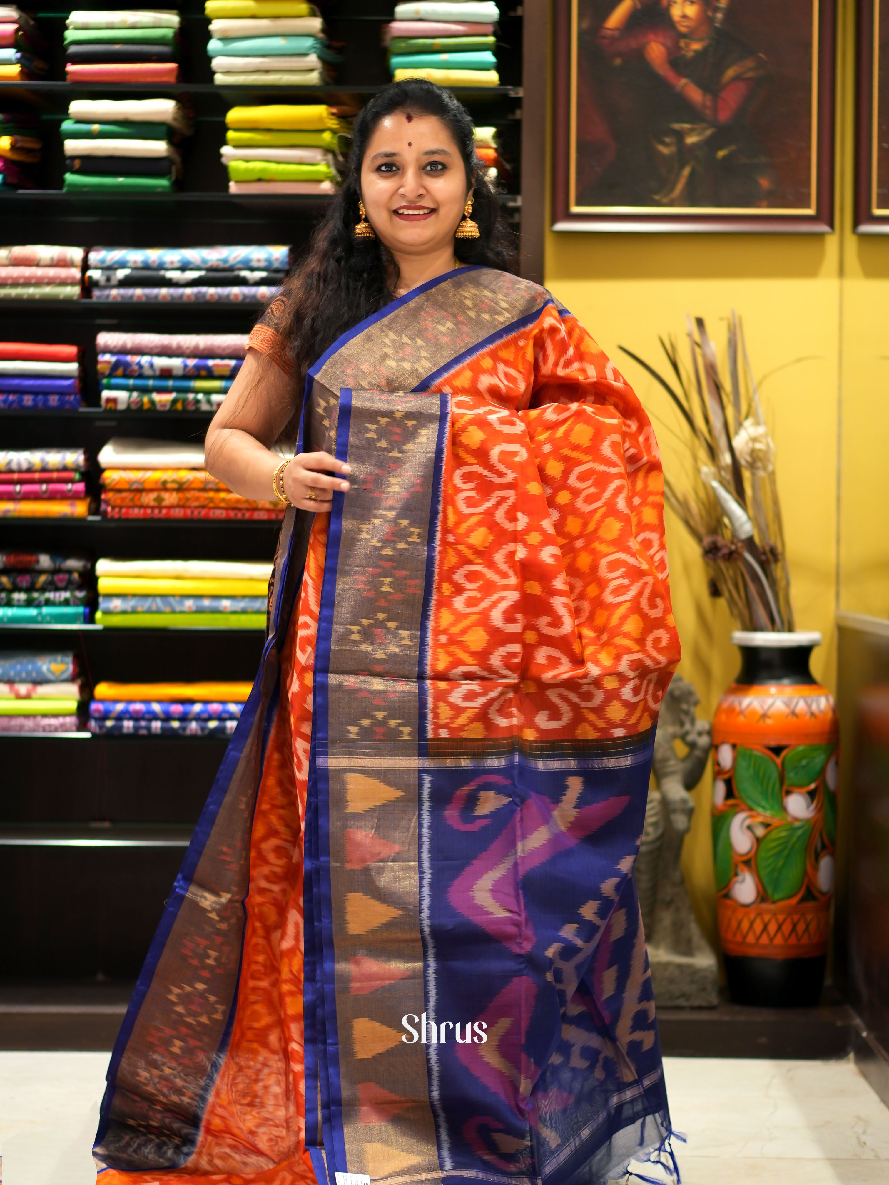 Orange & Violet- Pochampally sico saree - Shop on ShrusEternity.com
