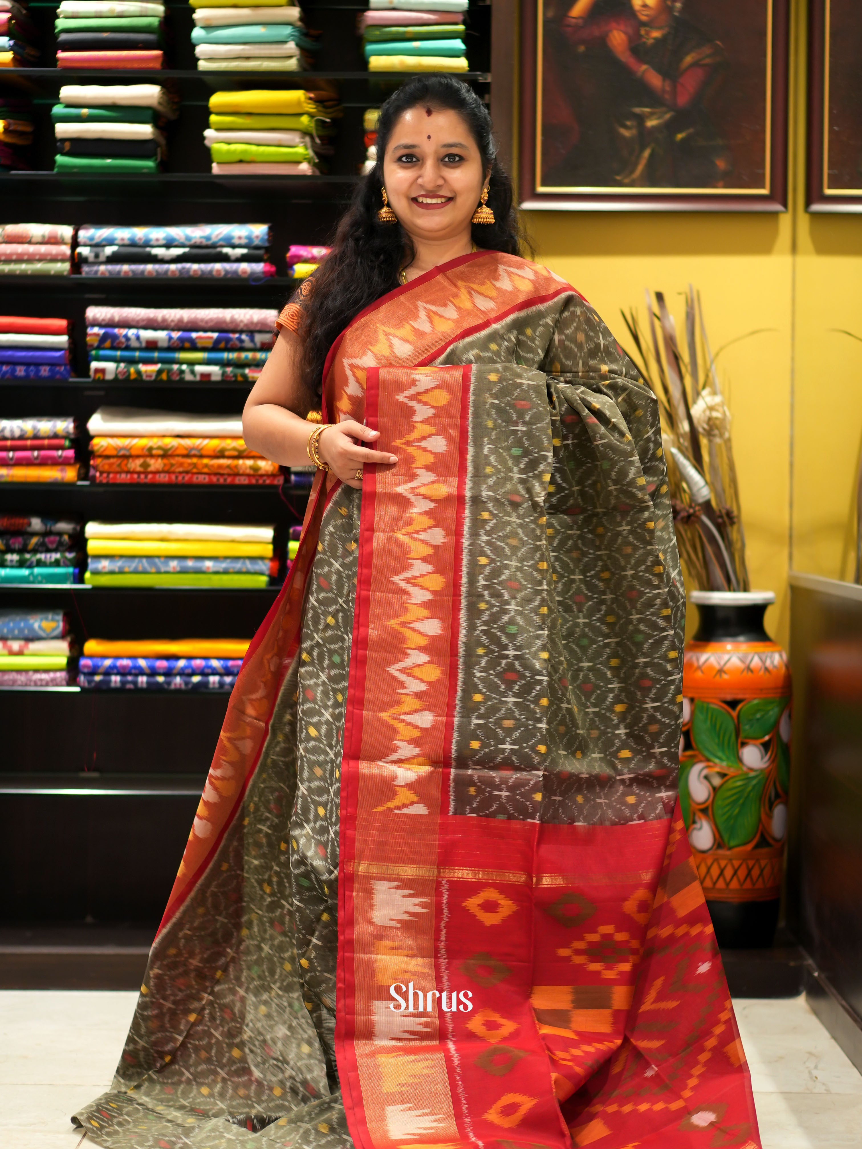Grey & Red - Pochampally sico saree - Shop on ShrusEternity.com
