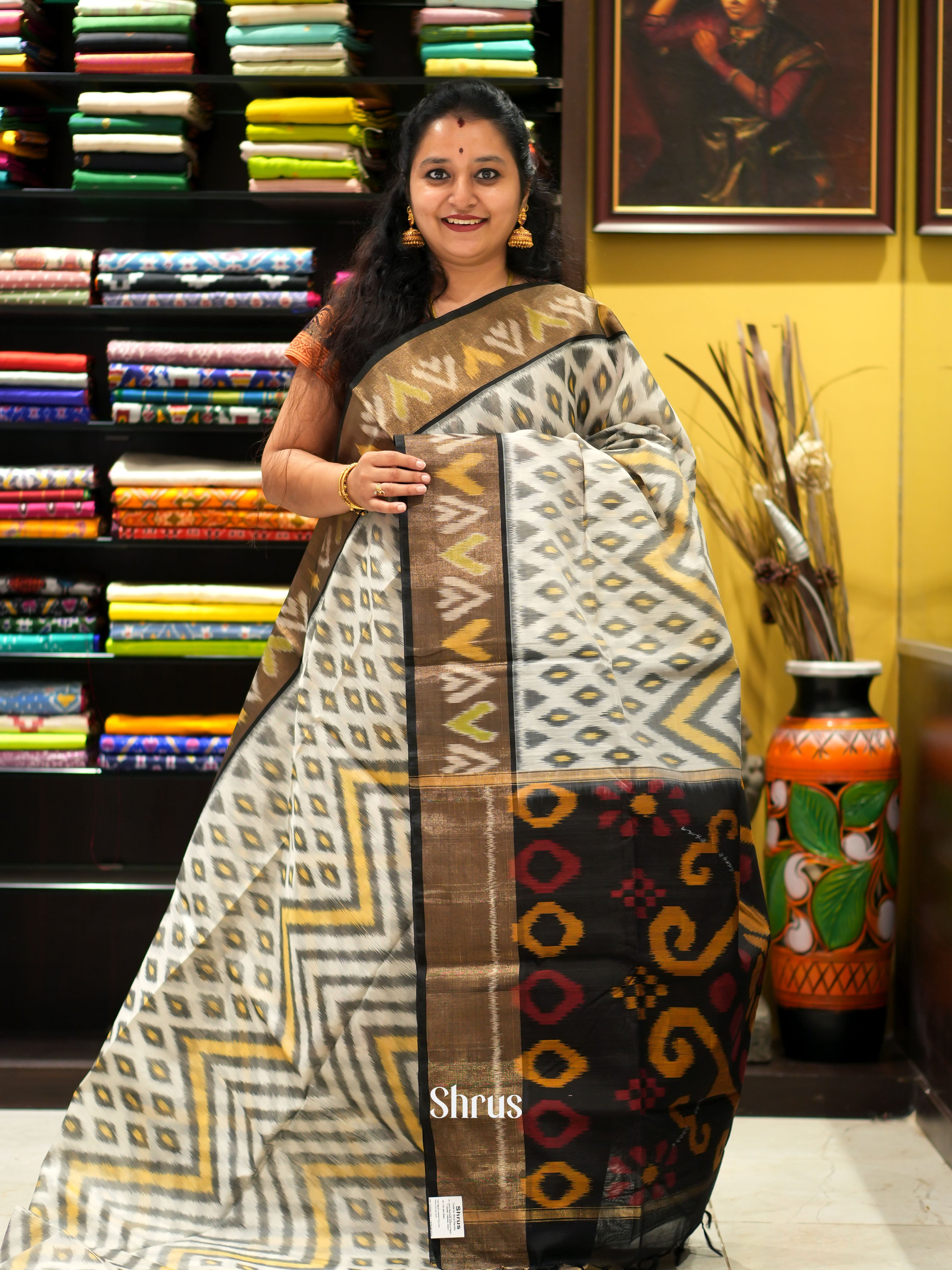 Cream & Black - Pochampally sico saree - Shop on ShrusEternity.com