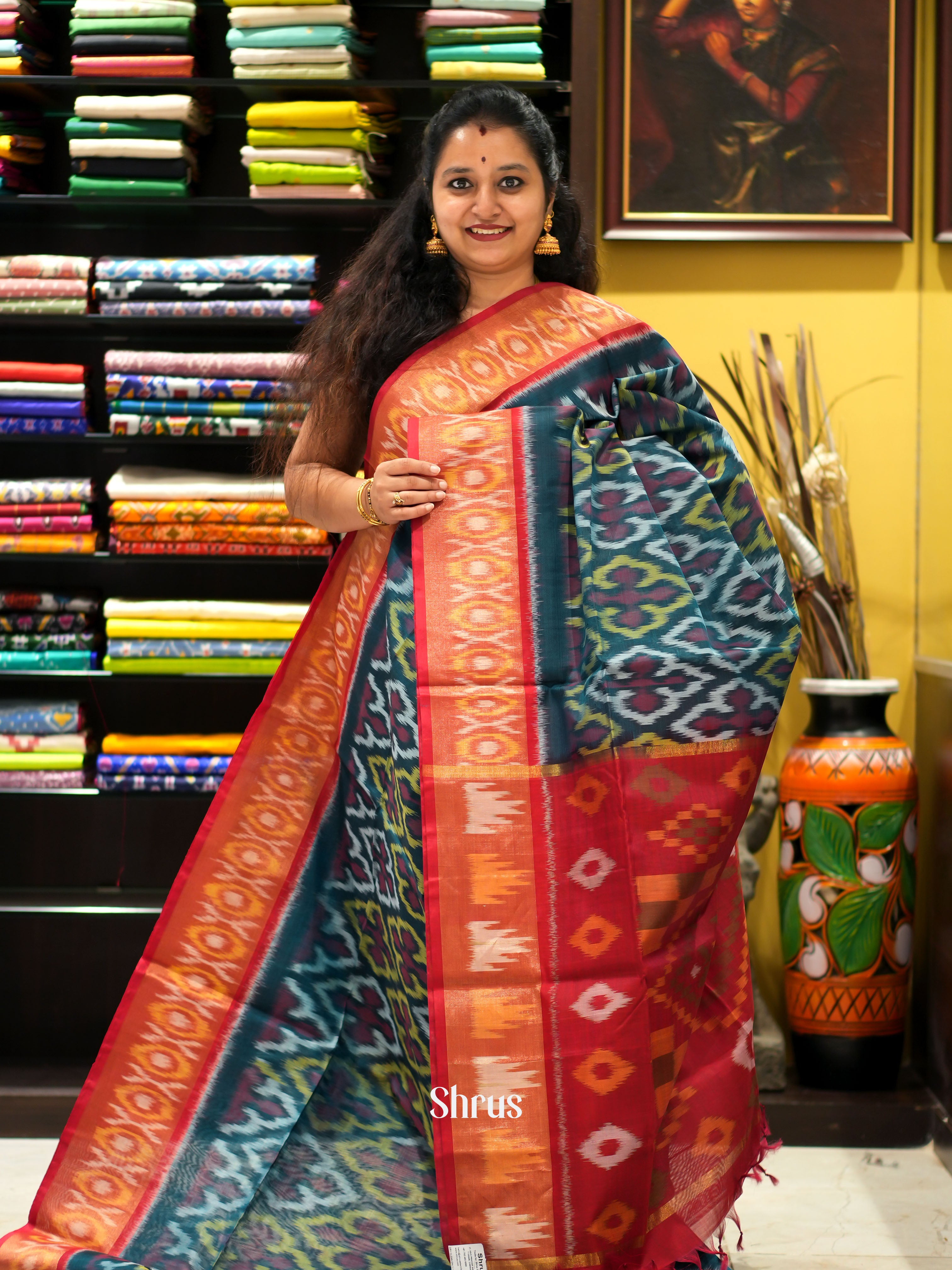 Teal Blue & Red - Pochampally sico saree - Shop on ShrusEternity.com