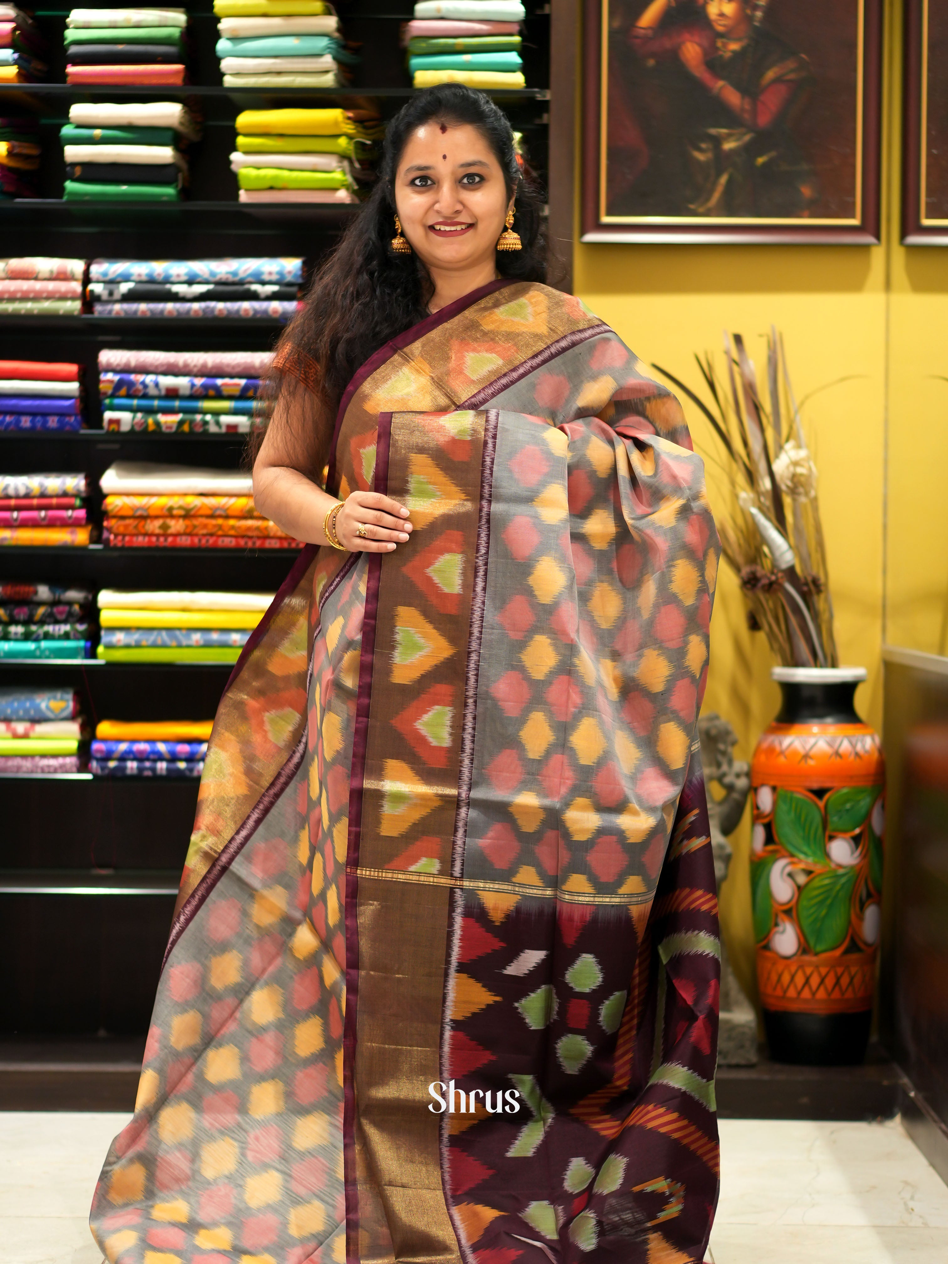 Grey & brown - Pochampally sico saree - Shop on ShrusEternity.com