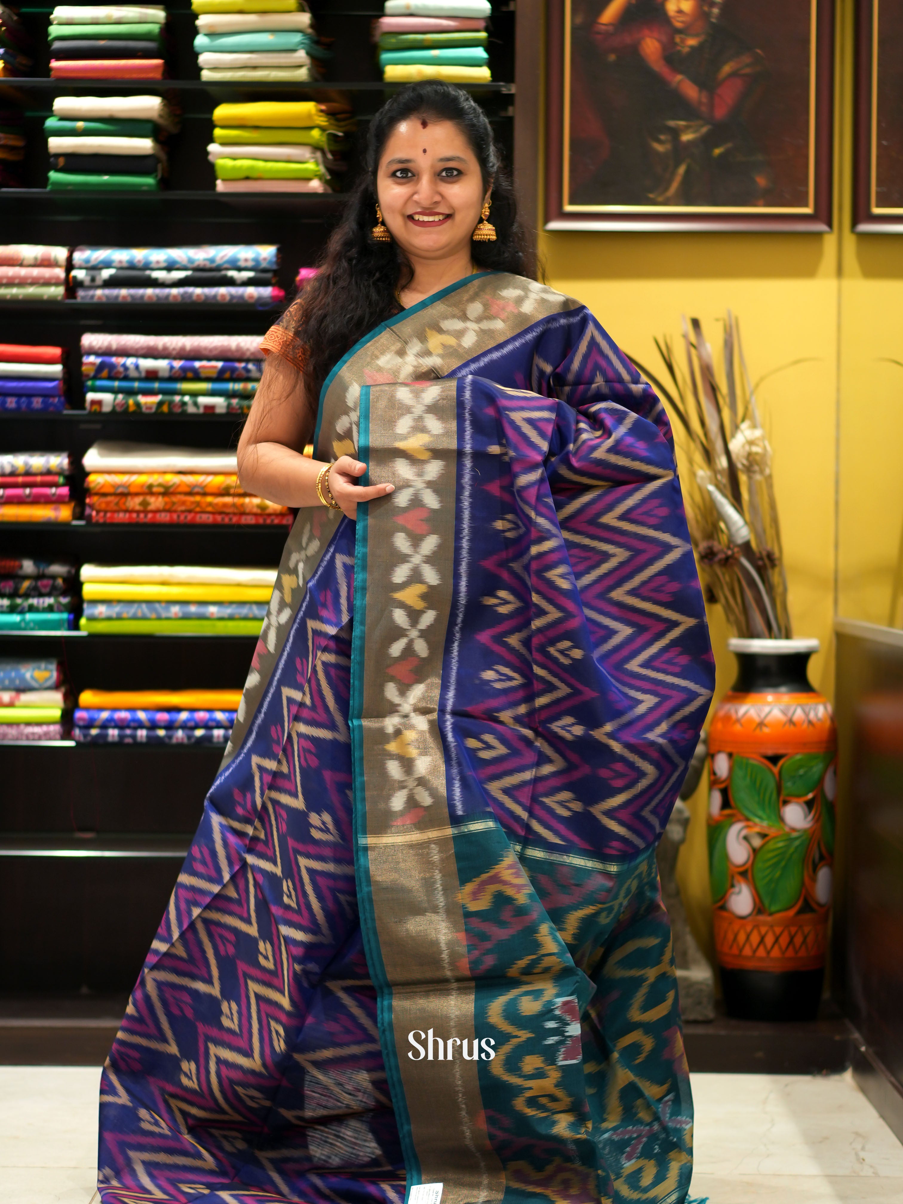 Purple & Teal - Pochampally sico saree - Shop on ShrusEternity.com
