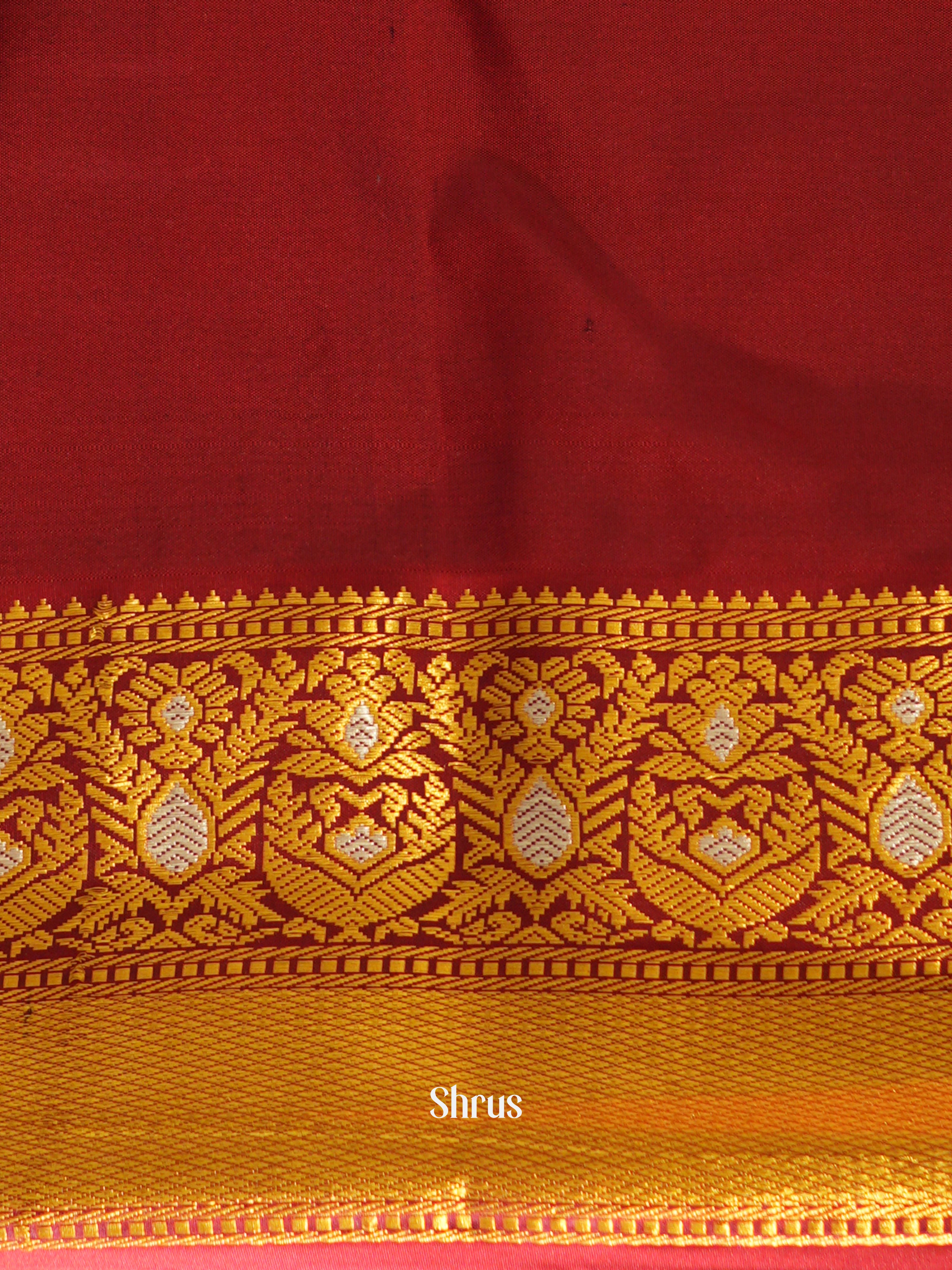 Teal and Maroon Bridal Kanchipuram Silk Saree With Zari Buttas Across The Body-2