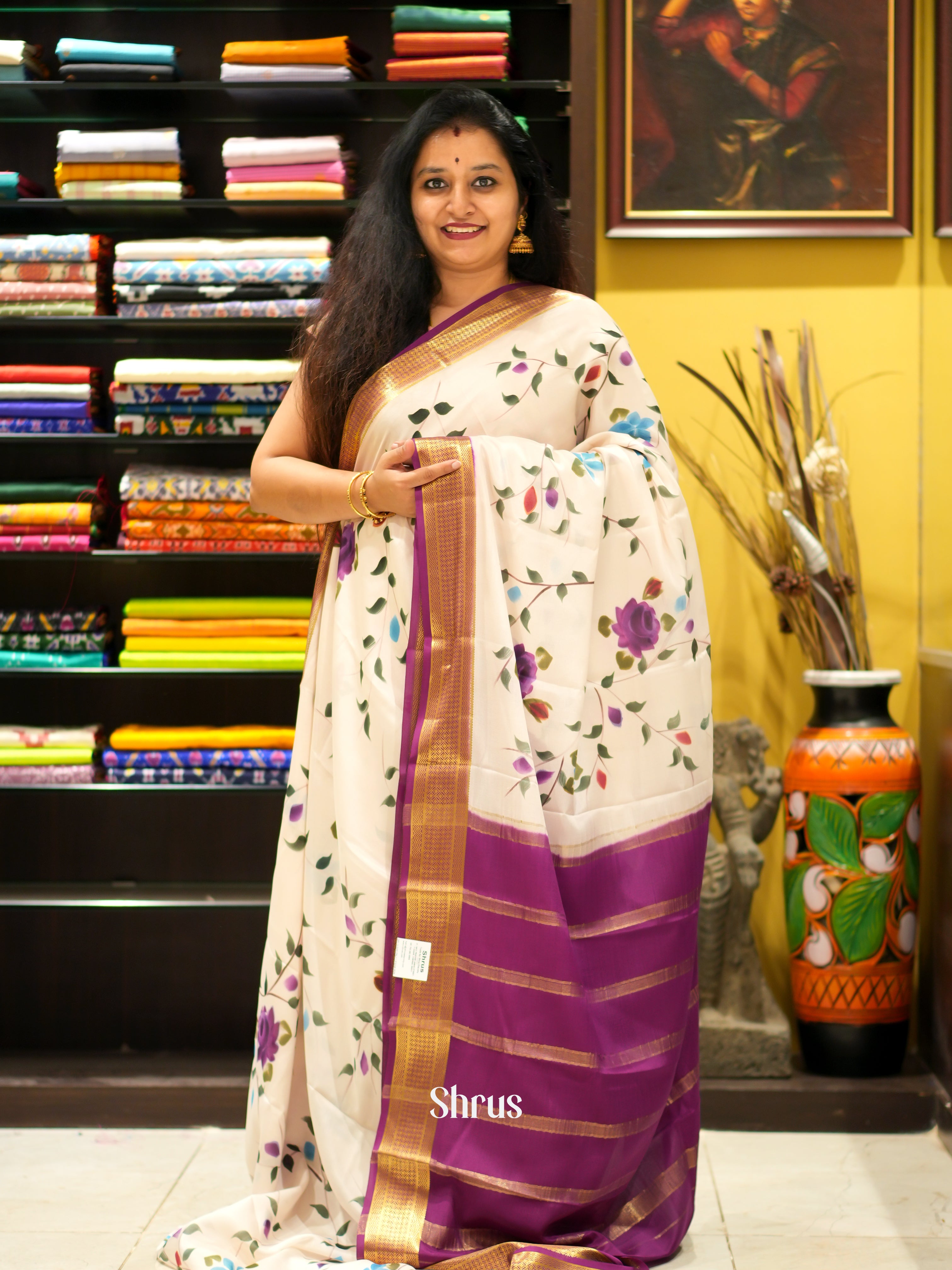 Cream & Purple - Mysore Silk Saree - Shop on ShrusEternity.com