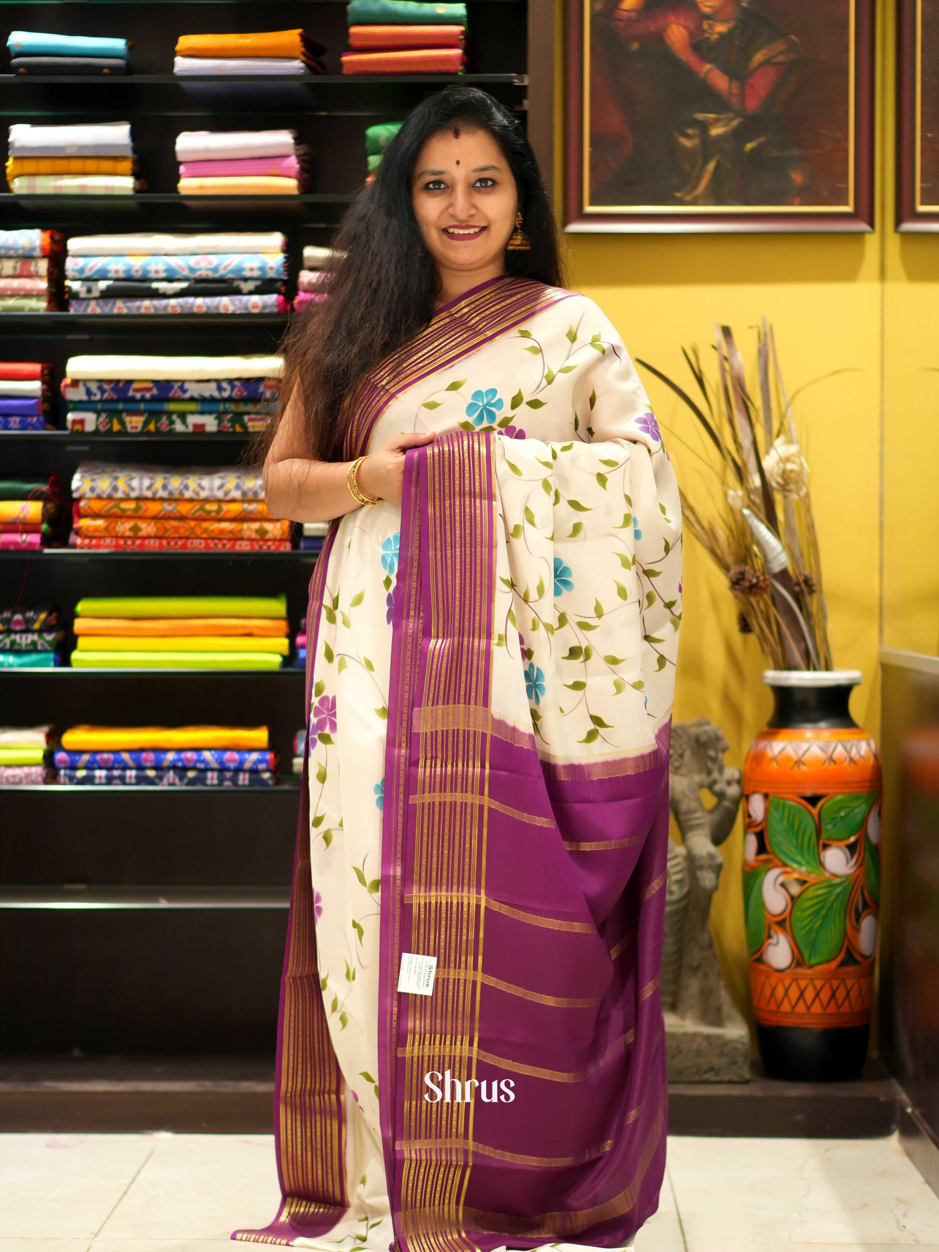 Cream & Purple - Mysore Silk Saree - Shop on ShrusEternity.com