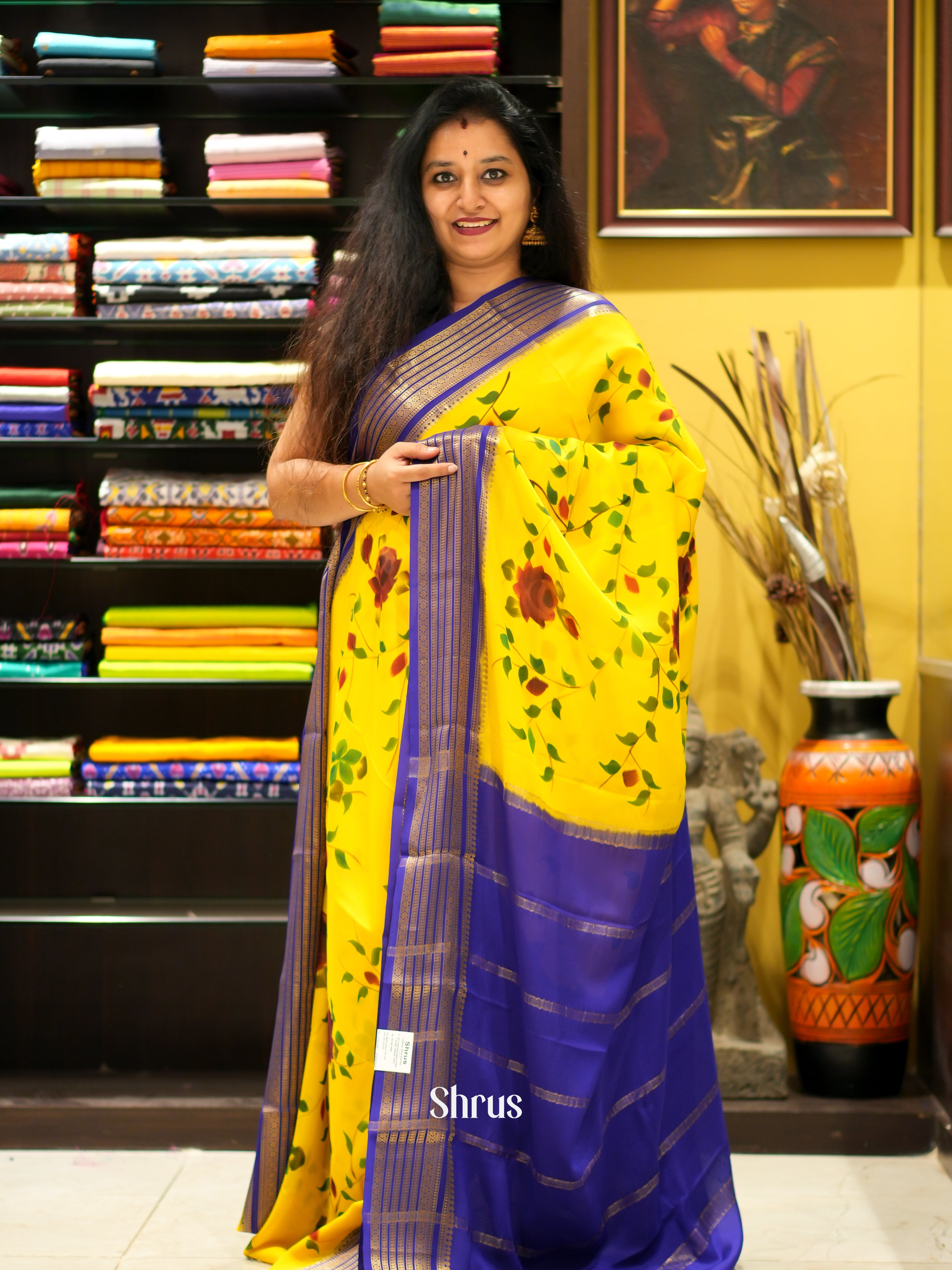 Yellow & Violet - Mysore Silk Saree - Shop on ShrusEternity.com