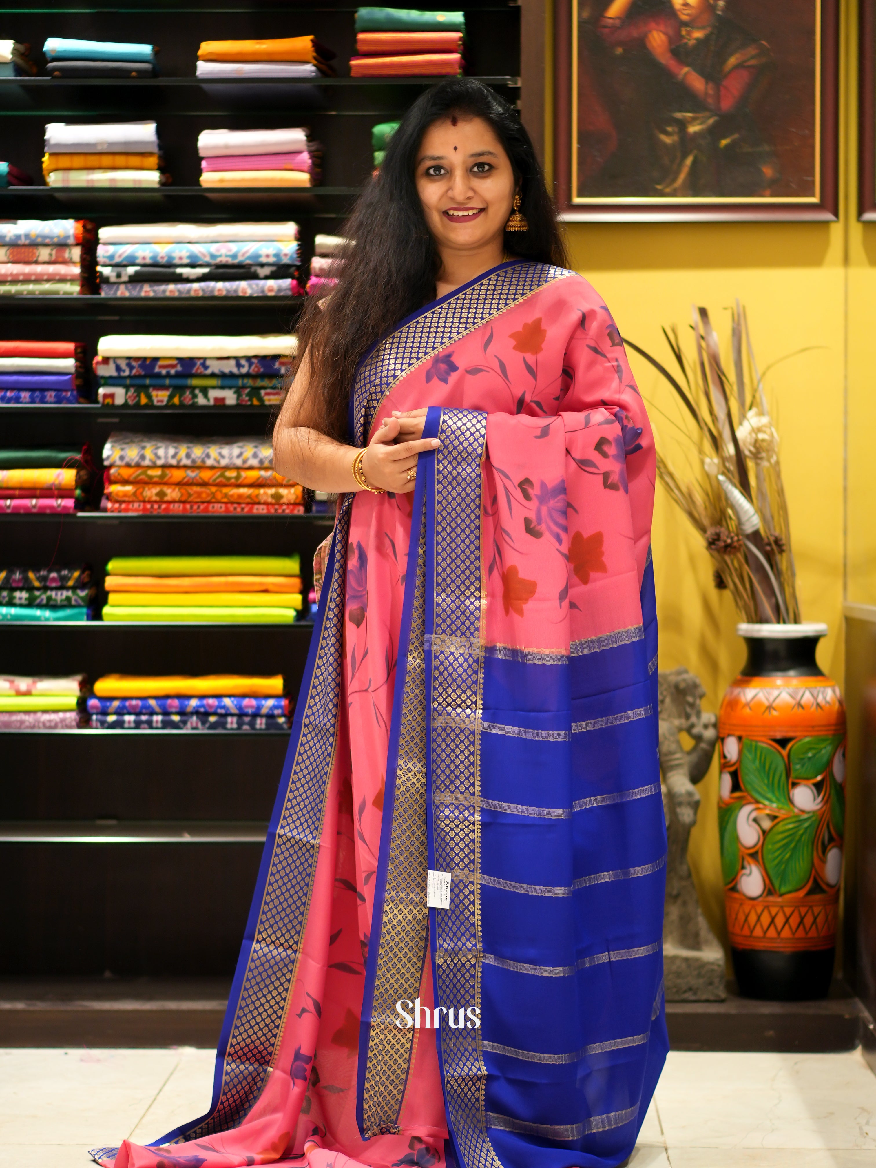Pink & Blue - Mysore Silk Saree - Shop on ShrusEternity.com