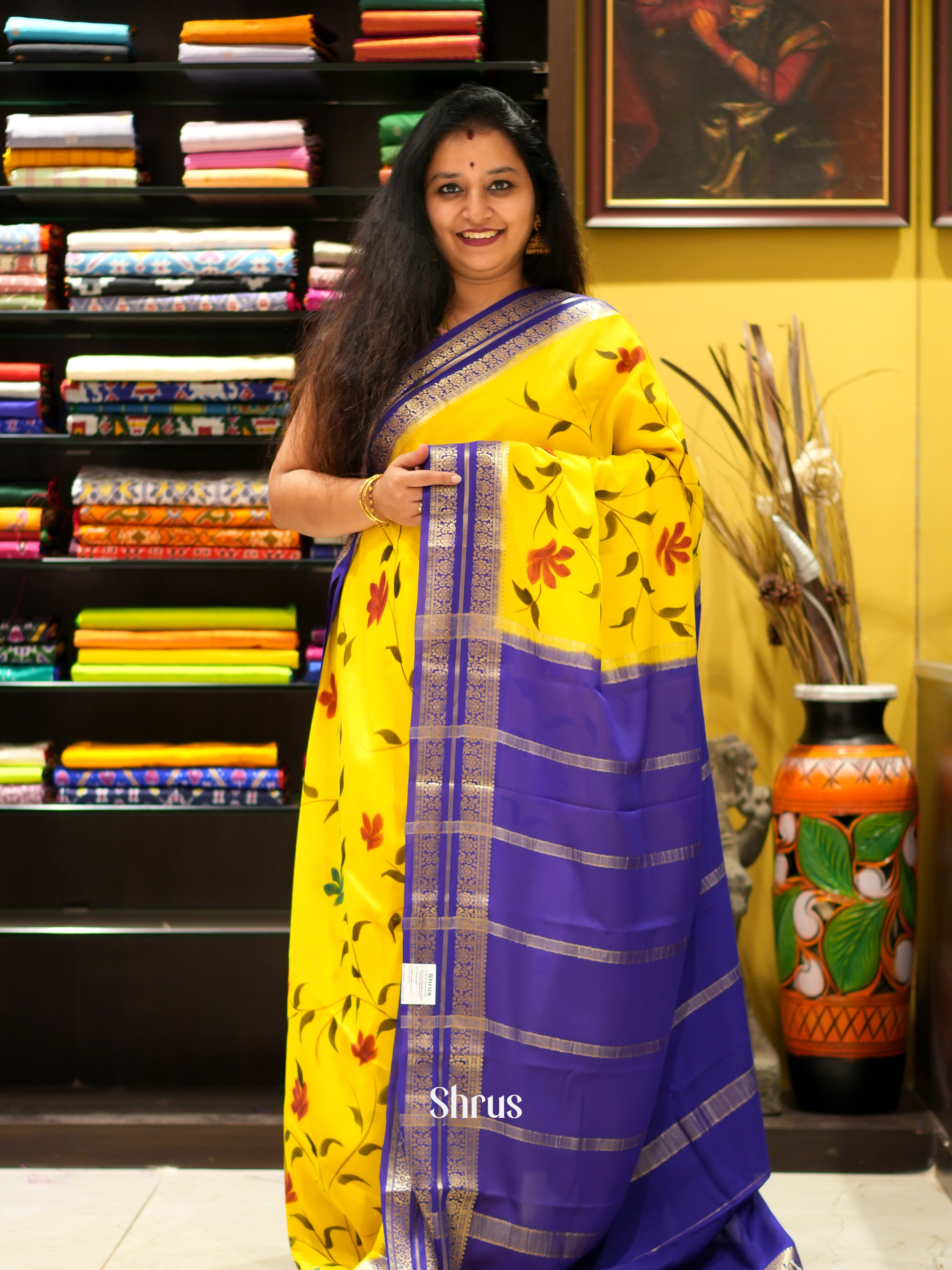 Yellow & Violet - Mysore Silk Saree - Shop on ShrusEternity.com