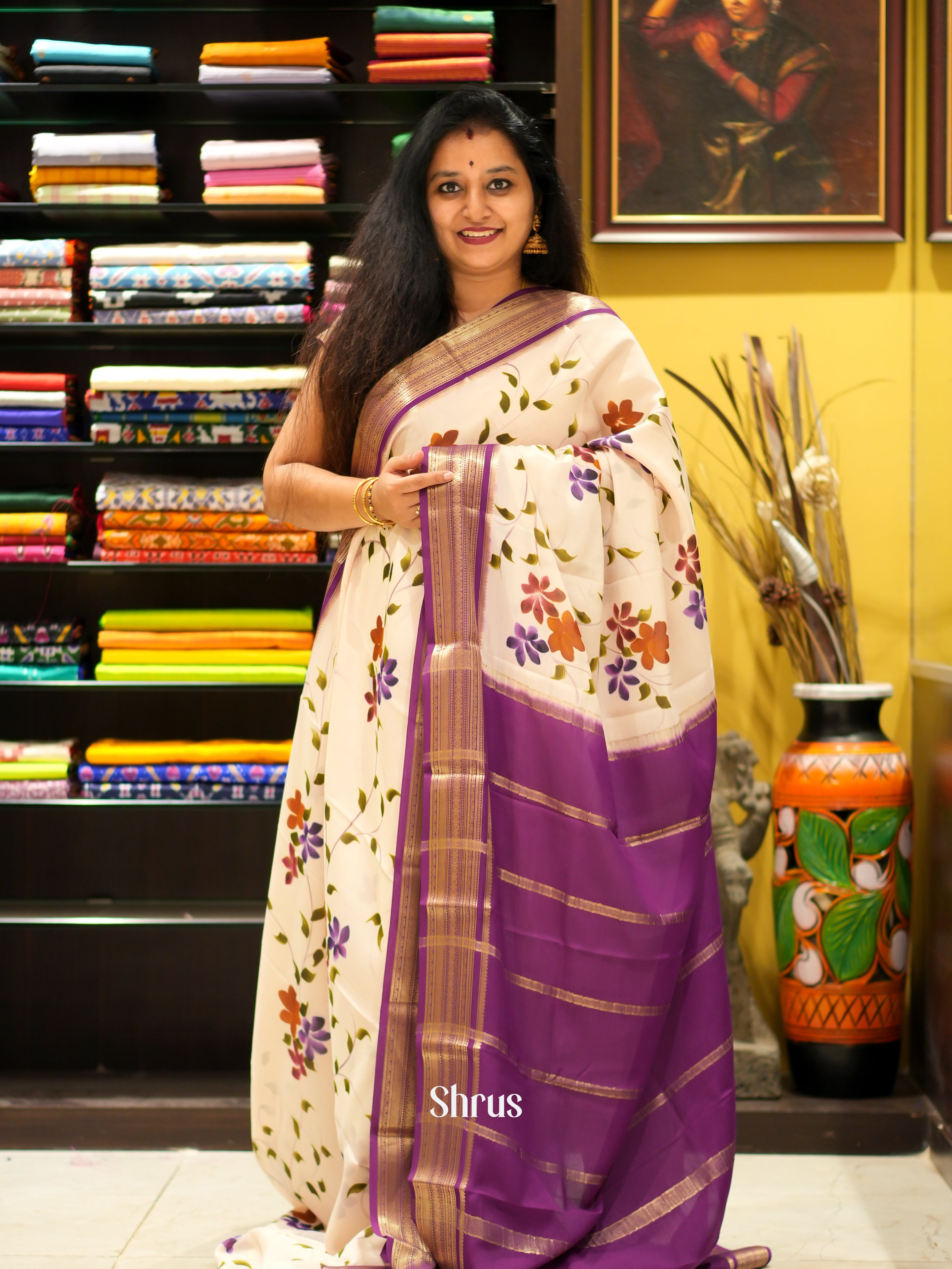 Cream & Purple - Mysore Silk Saree - Shop on ShrusEternity.com