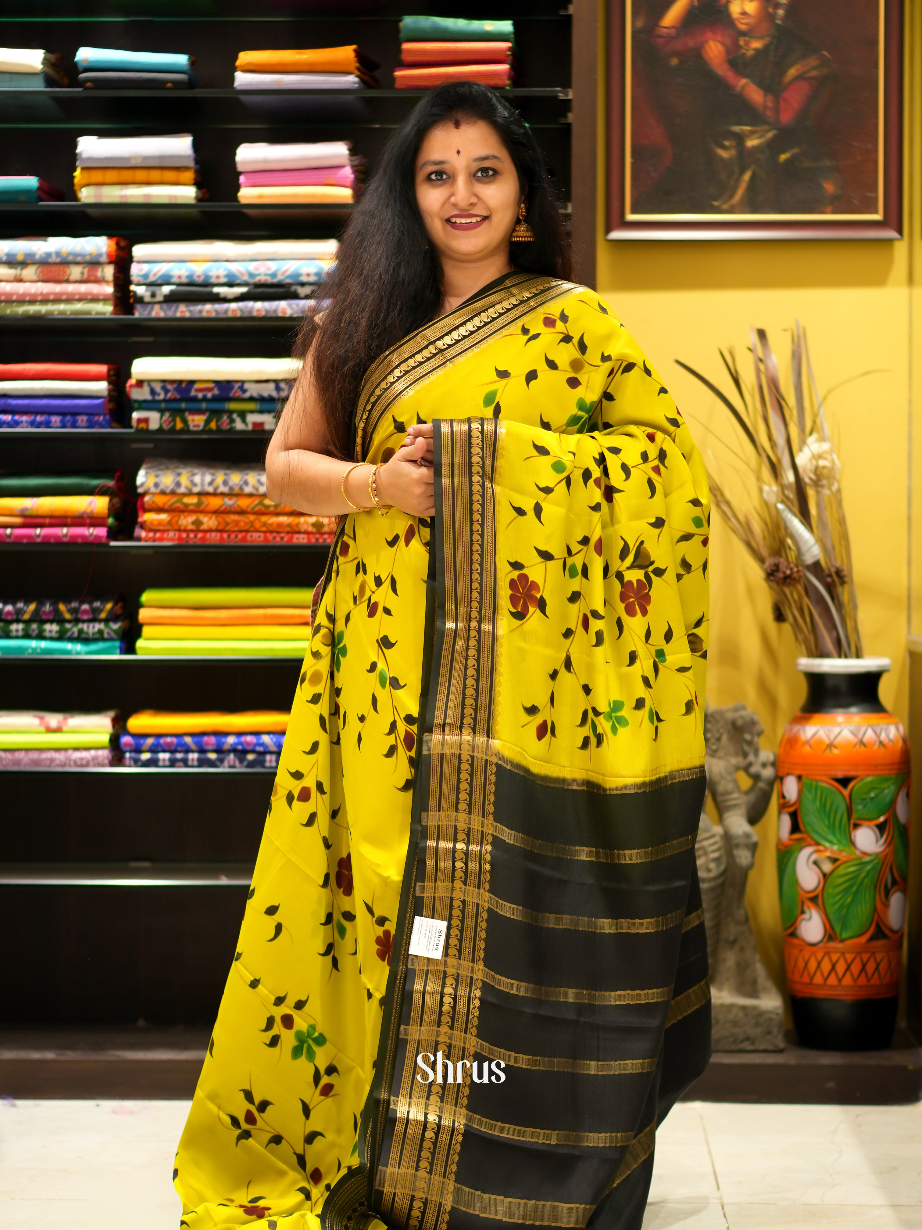 Yellow & Black - Mysore Silk Saree - Shop on ShrusEternity.com