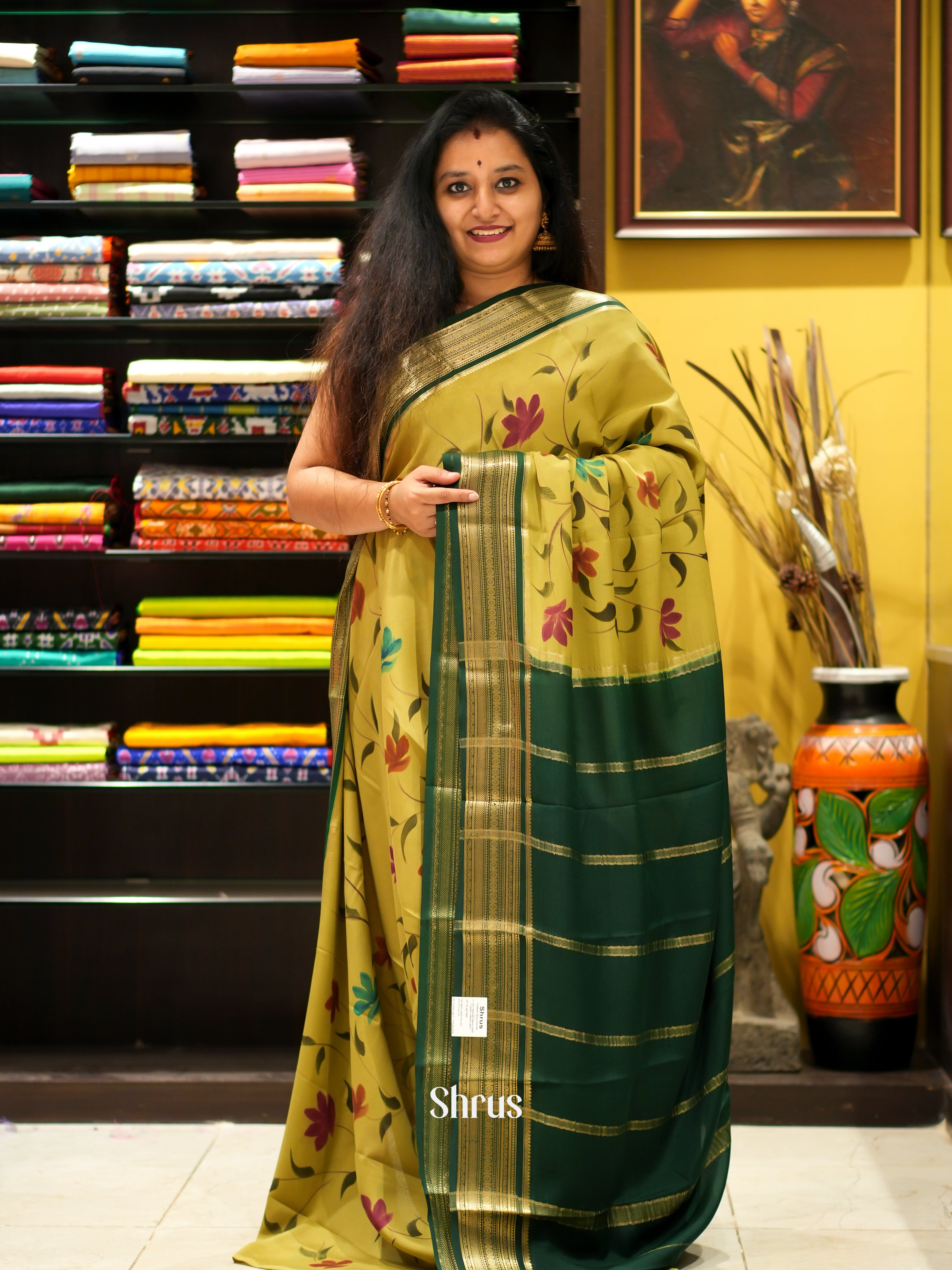 Mustardy Green & Green - Mysore Silk Saree - Shop on ShrusEternity.com