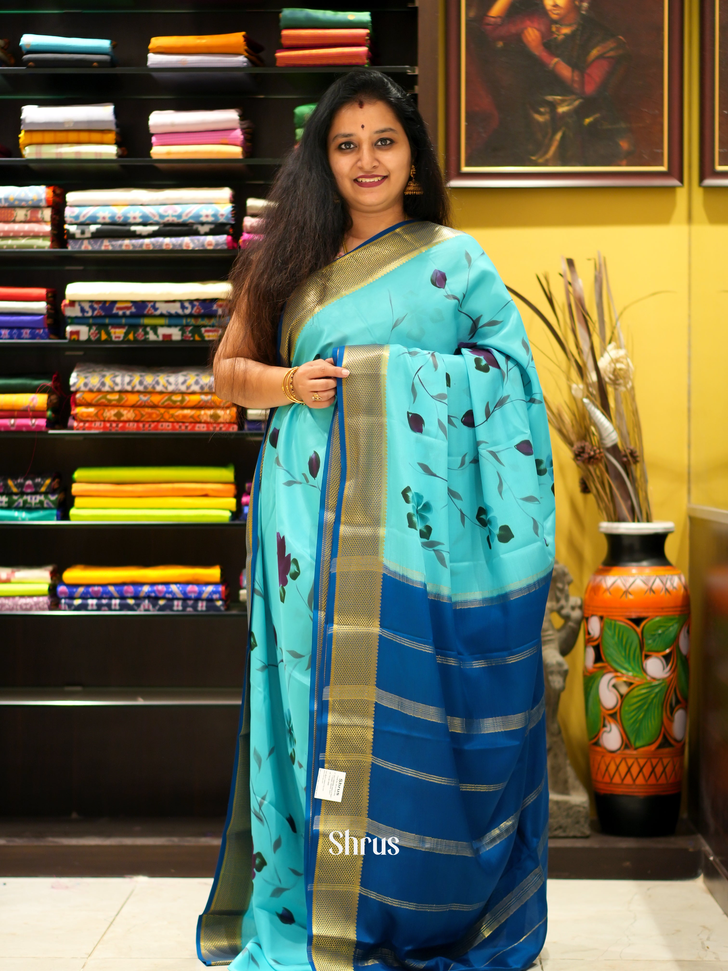 Sky blue & Blue - Mysore Silk Saree - Shop on ShrusEternity.com