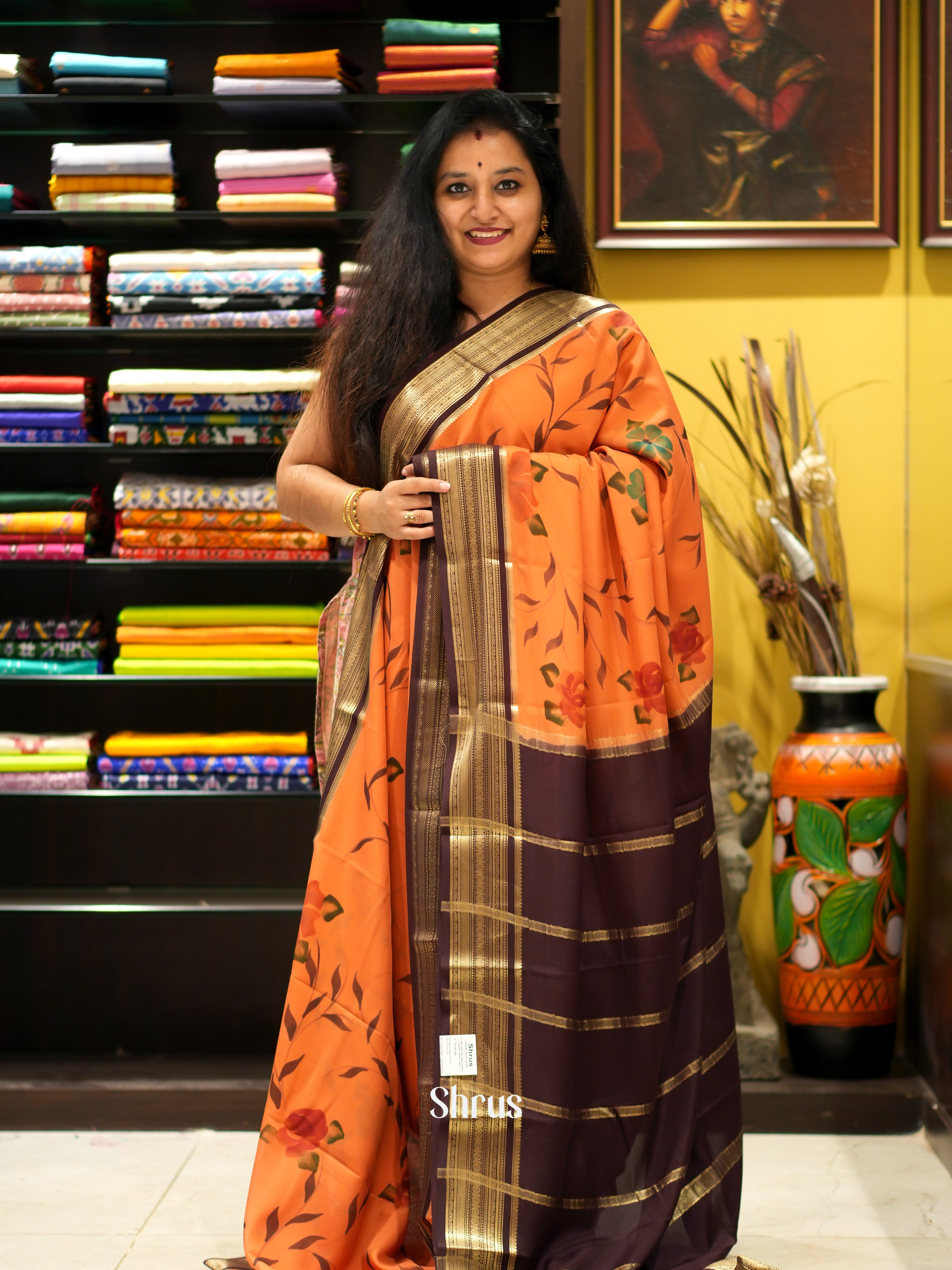 Orange & Brown - Mysore Silk Saree - Shop on ShrusEternity.com