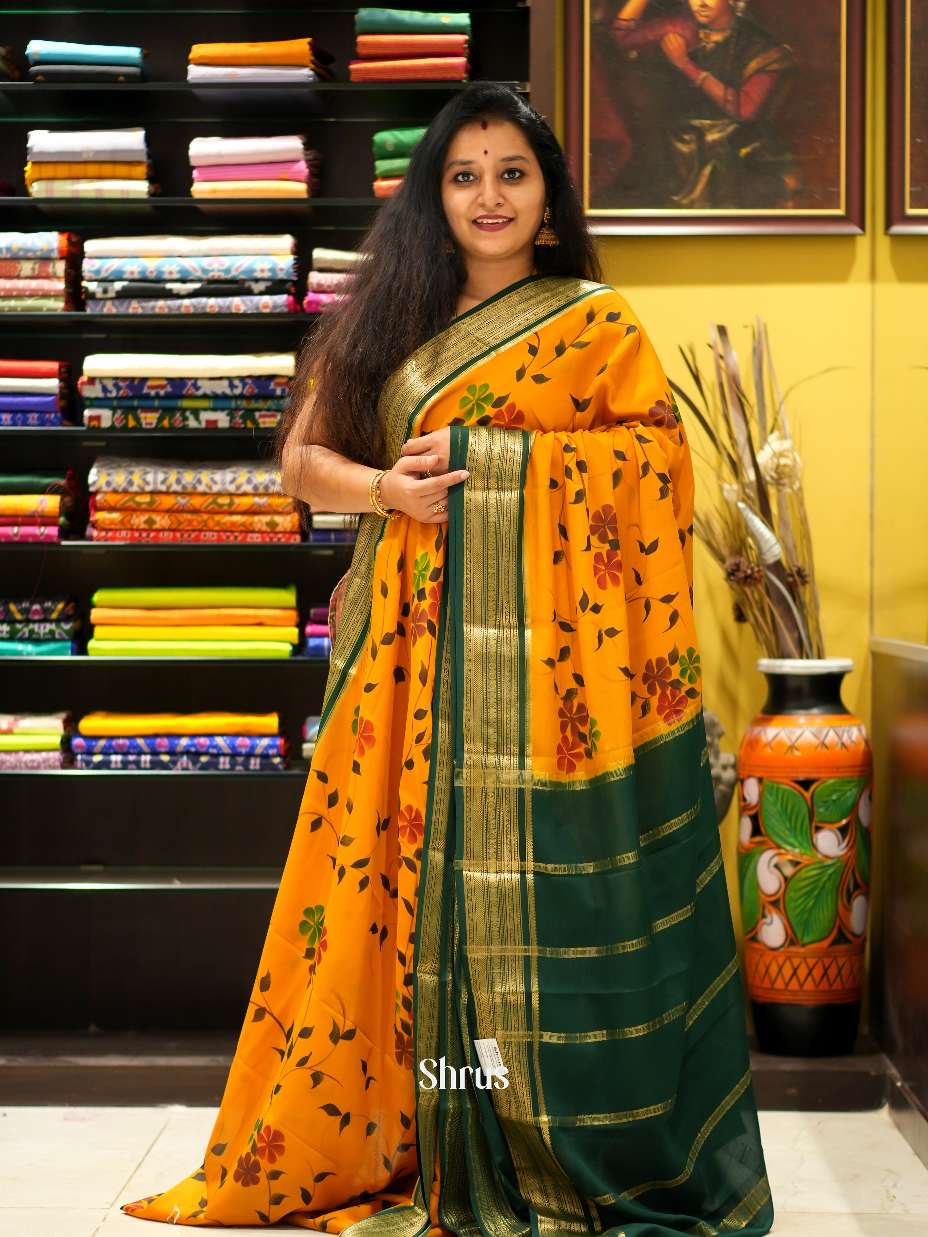 Orange & Green - Mysore Silk Saree - Shop on ShrusEternity.com