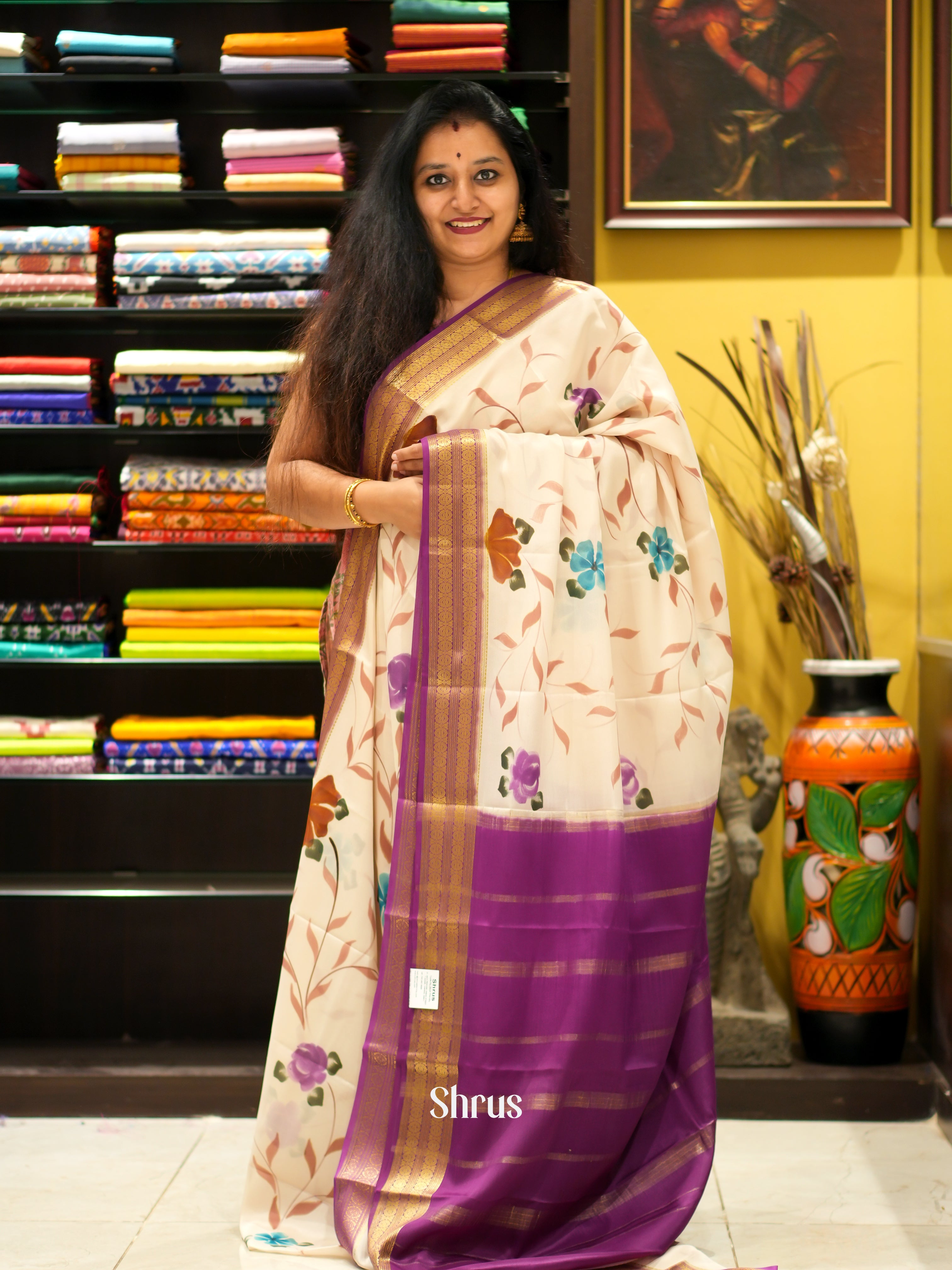 Cream & Purple - Mysore Silk Saree - Shop on ShrusEternity.com