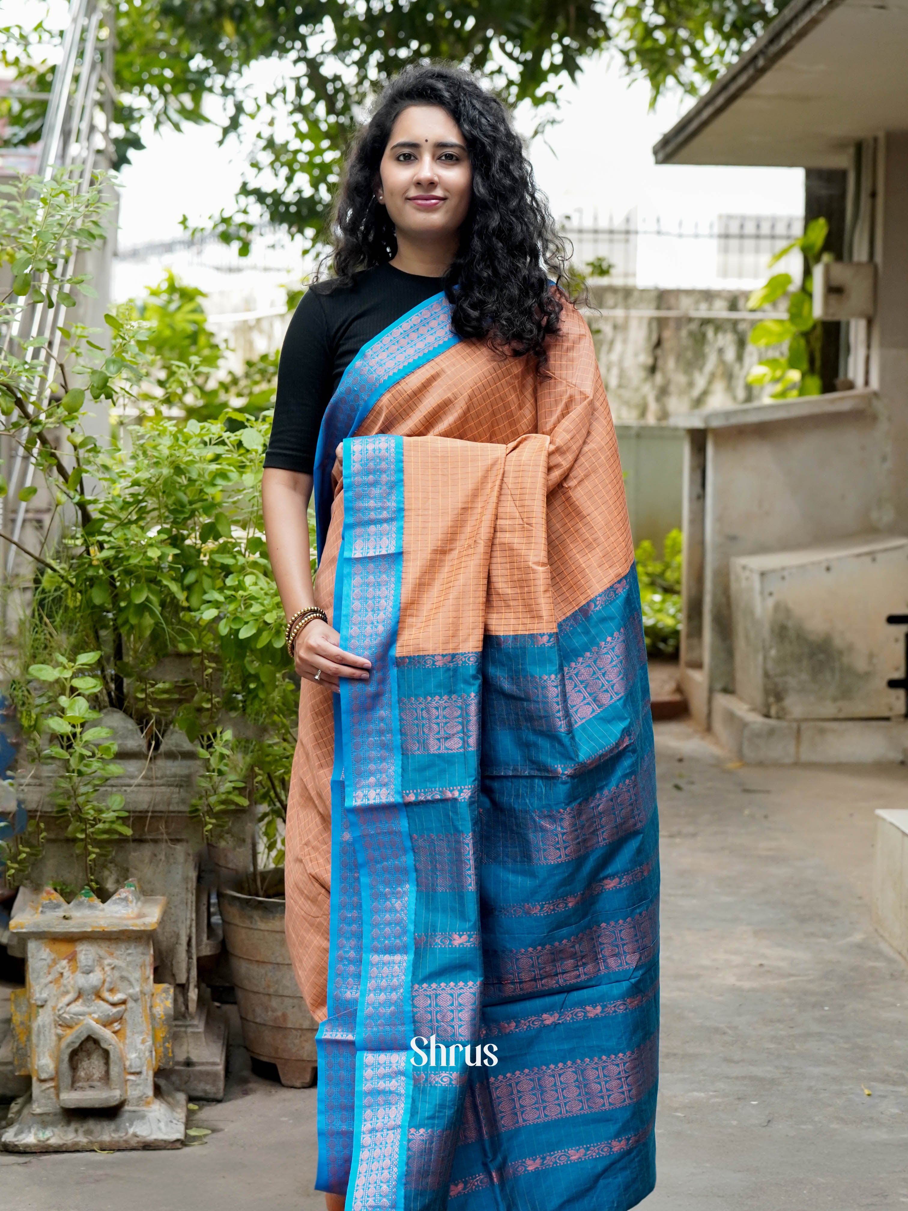 Peach & Blue - Kalyani Cotton Saree - Shop on ShrusEternity.com