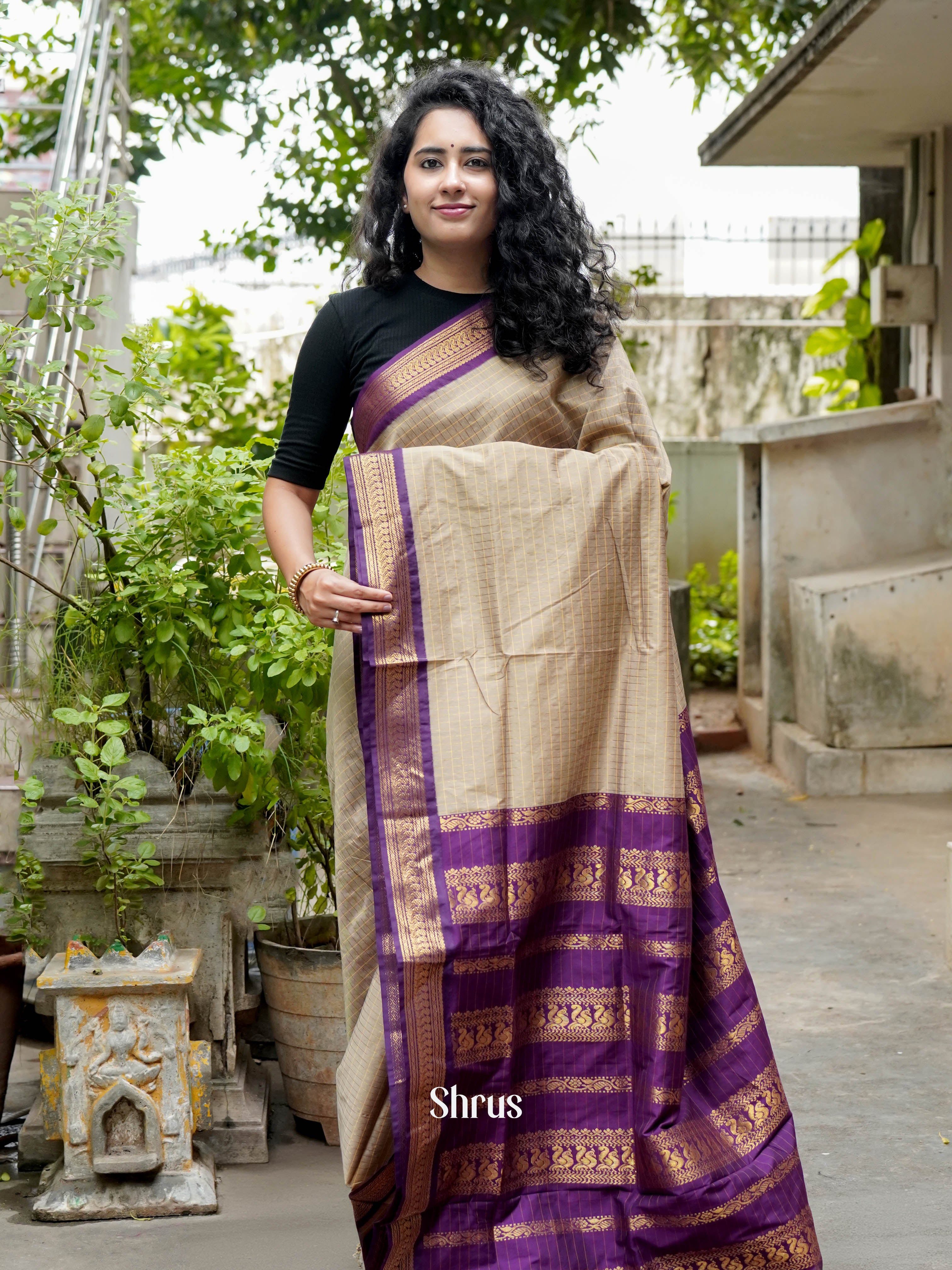 Grey & Purple - Kalyani Cotton Saree - Shop on ShrusEternity.com