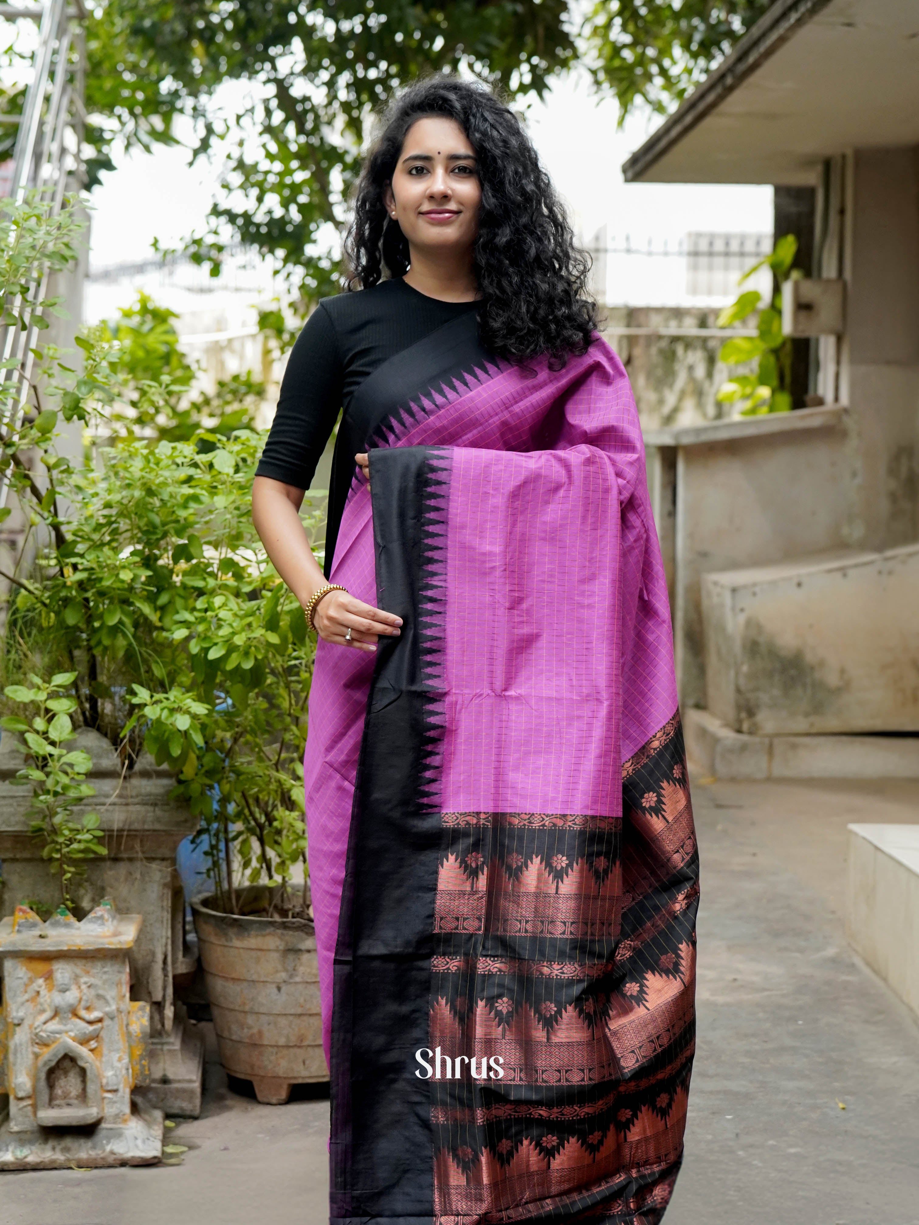 Pink & Black - Kalyani Cotton Saree - Shop on ShrusEternity.com