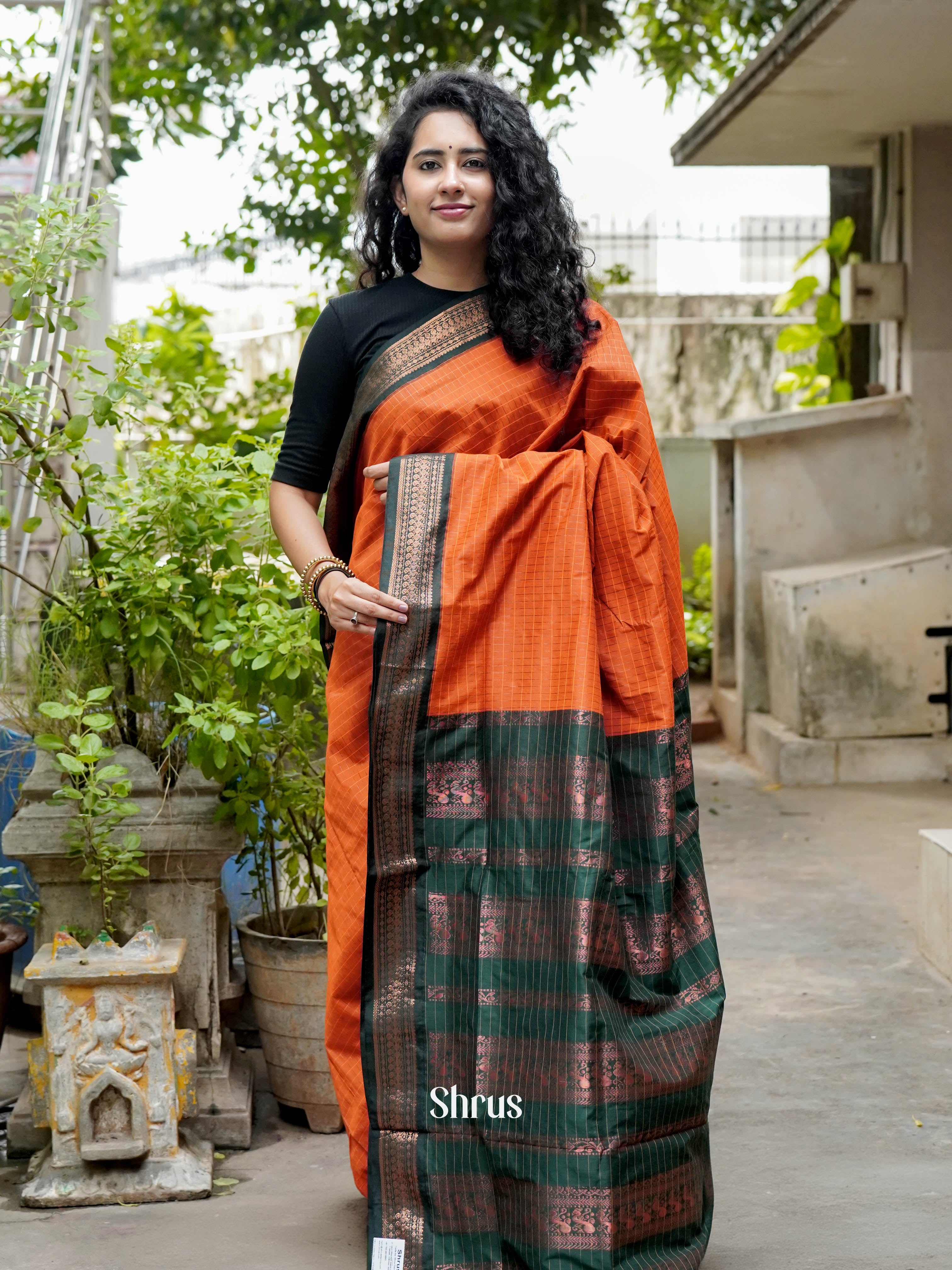 Orange & Green - Kalyani Cotton Saree - Shop on ShrusEternity.com