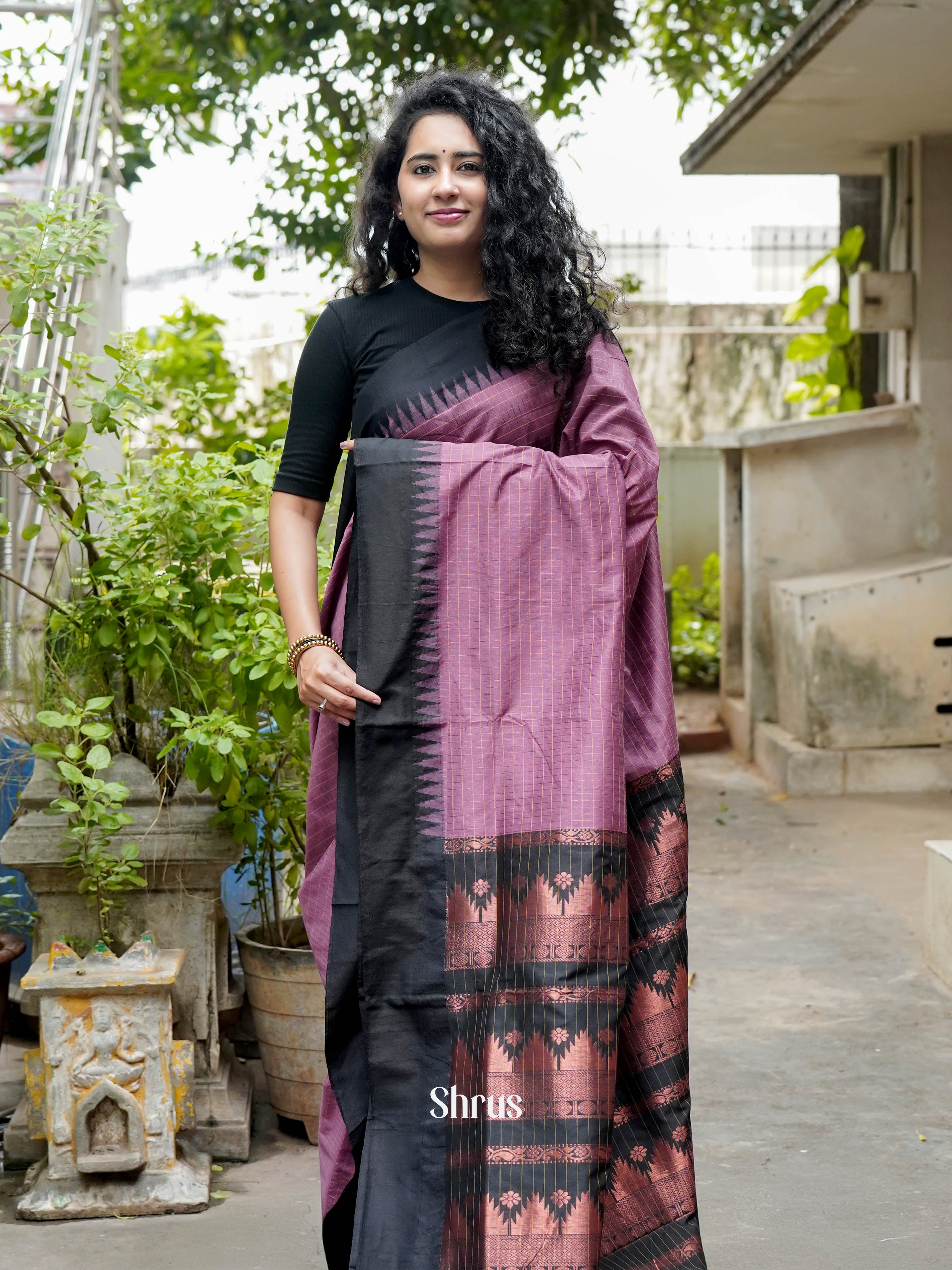 Onion Pink & Black - Kalyani Cotton Saree - Shop on ShrusEternity.com