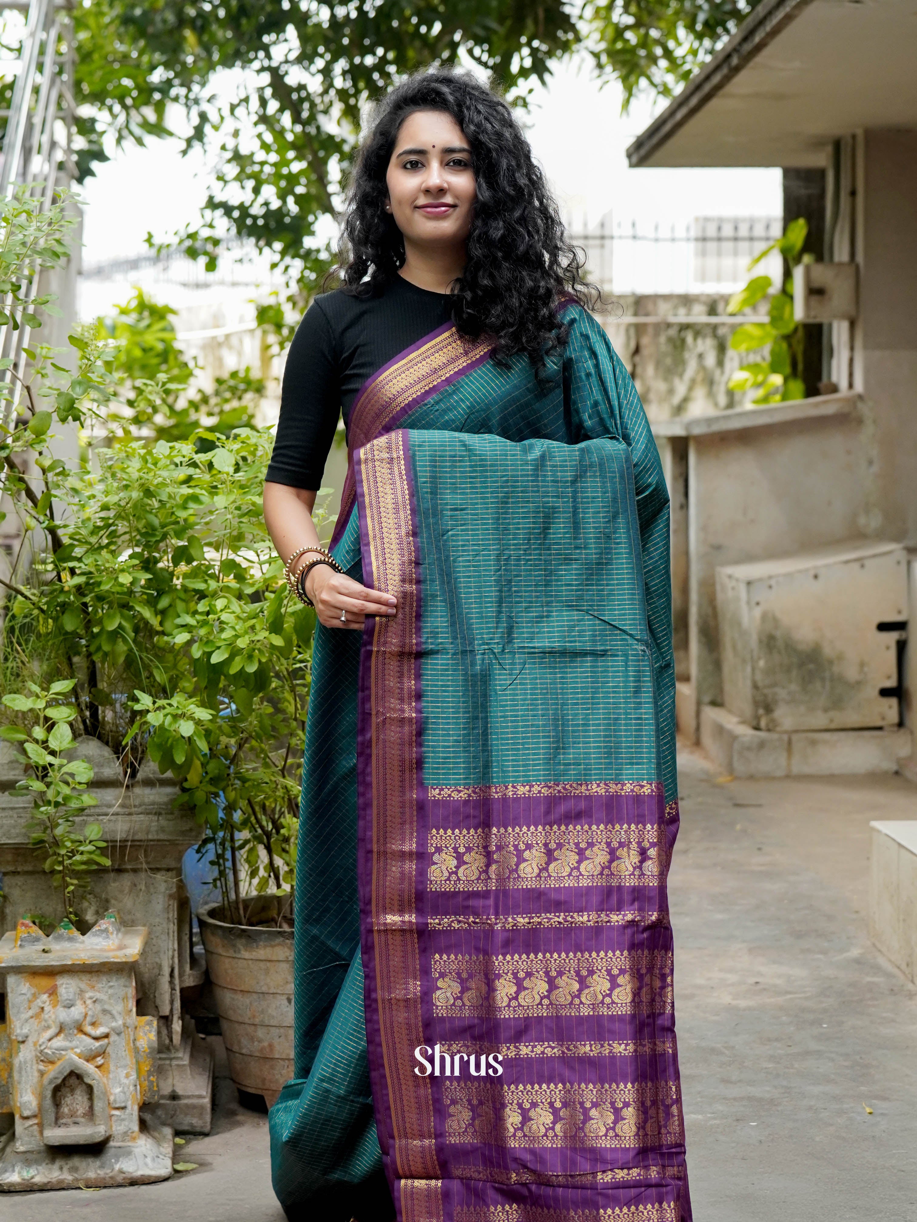 Peacock Green & Purple - Kalyani Cotton Saree - Shop on ShrusEternity.com