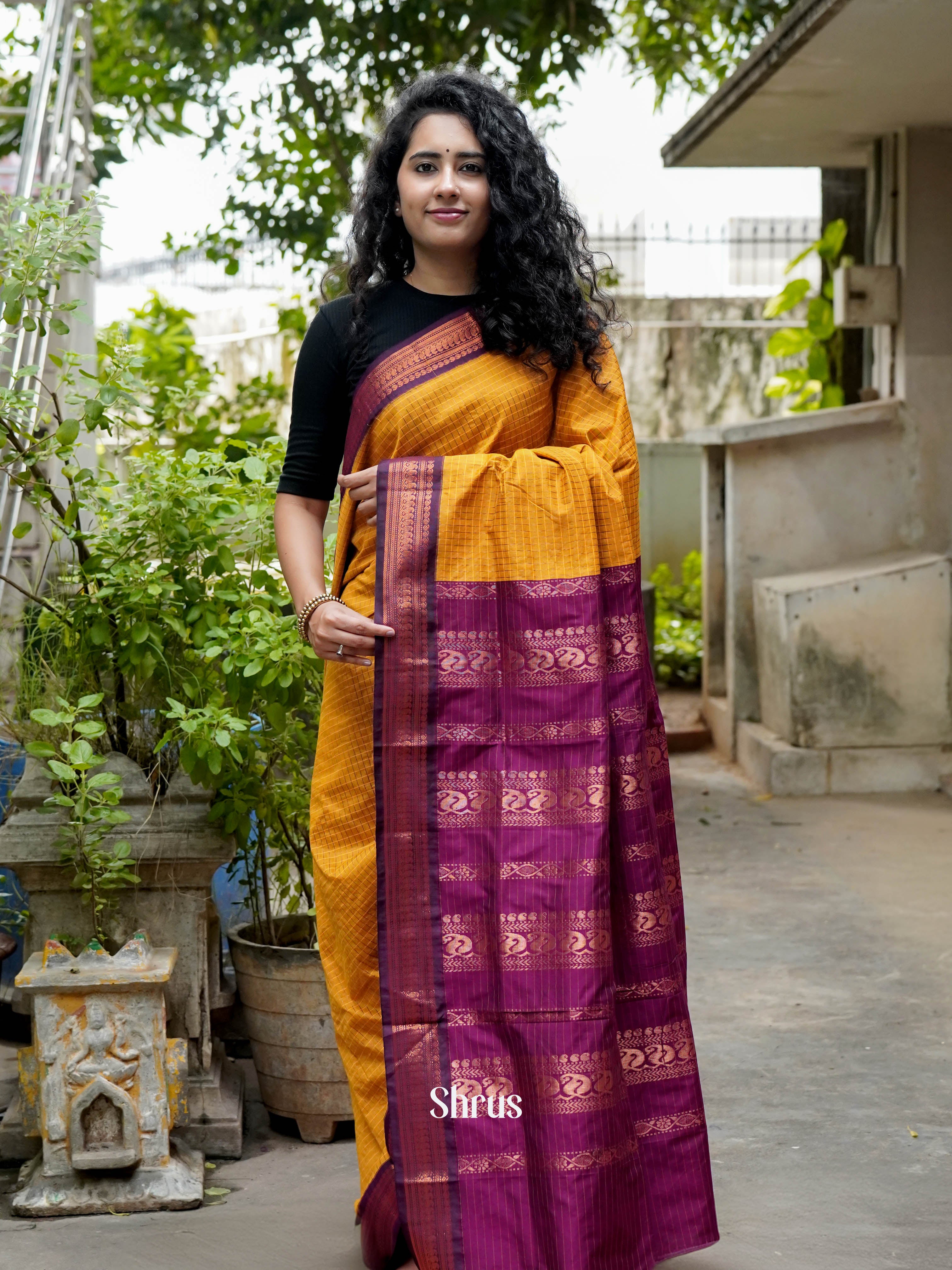 Mustard & Purple - Kalyani Cotton Saree - Shop on ShrusEternity.com