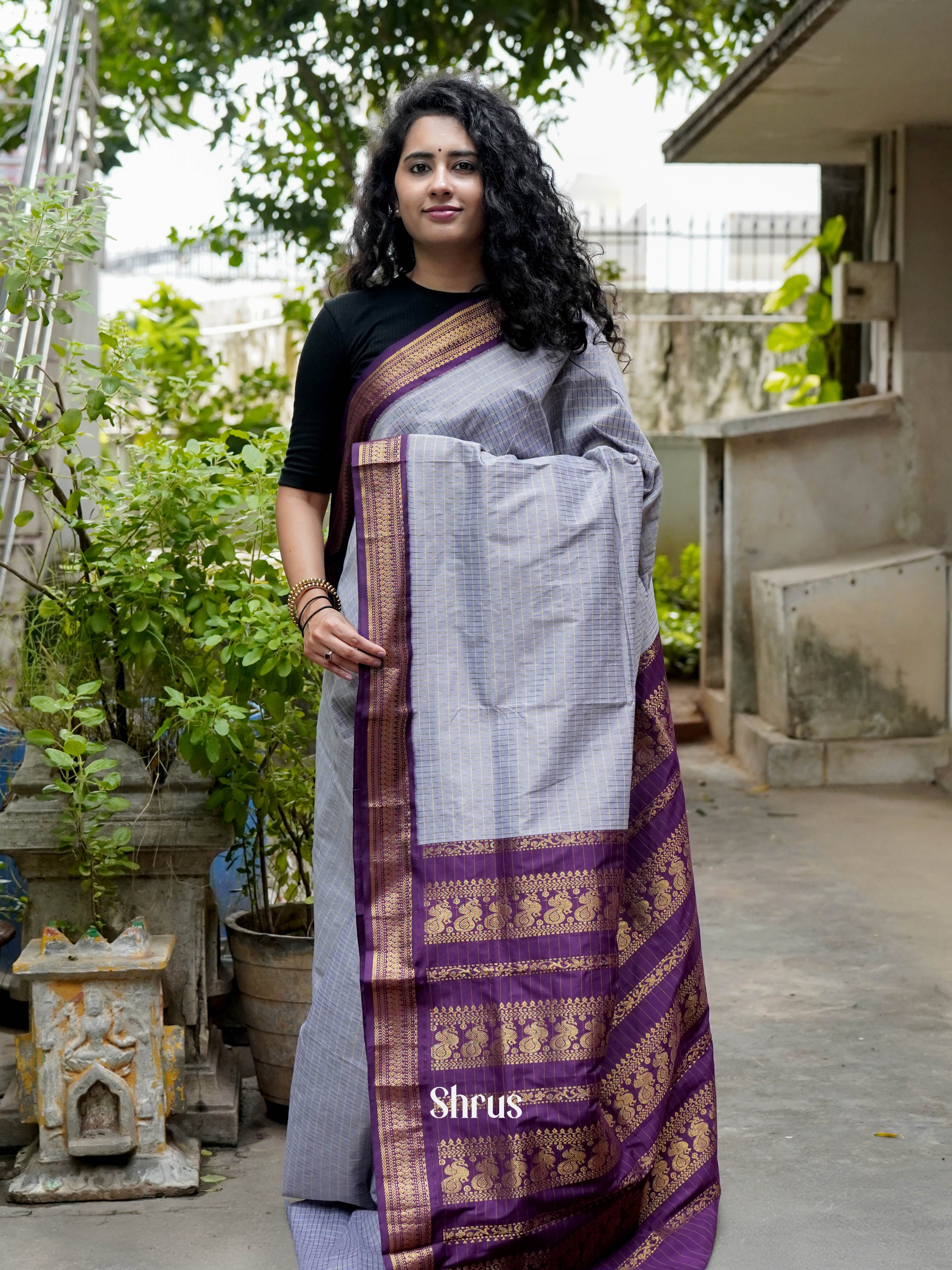 Grey& Purple - Kalyani Cotton Saree - Shop on ShrusEternity.com
