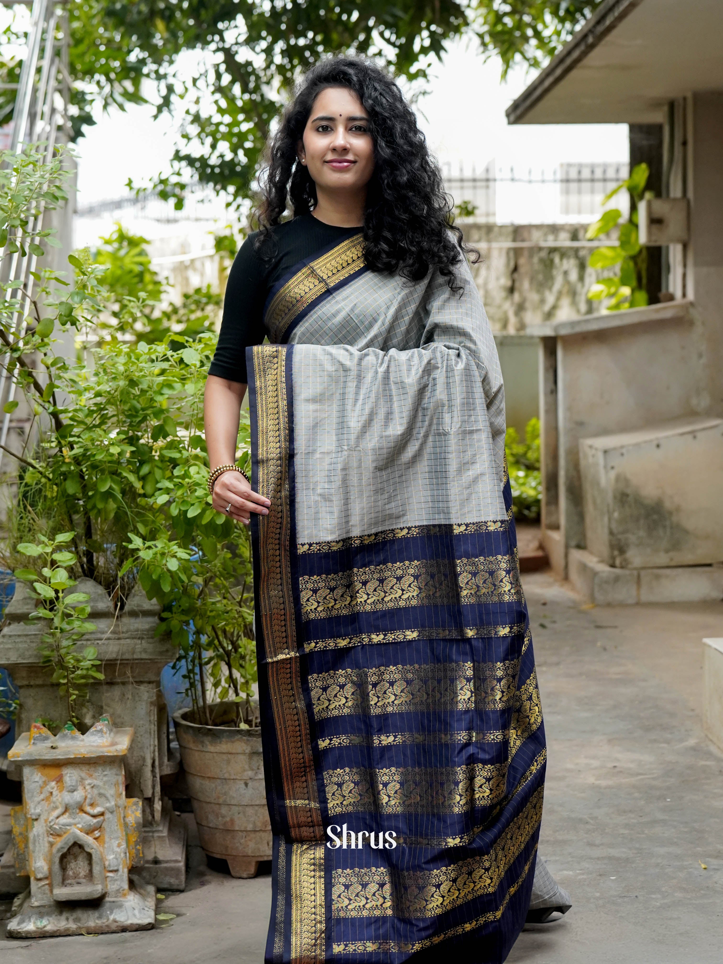 Grey & Blue - Kalyani Cotton Saree - Shop on ShrusEternity.com
