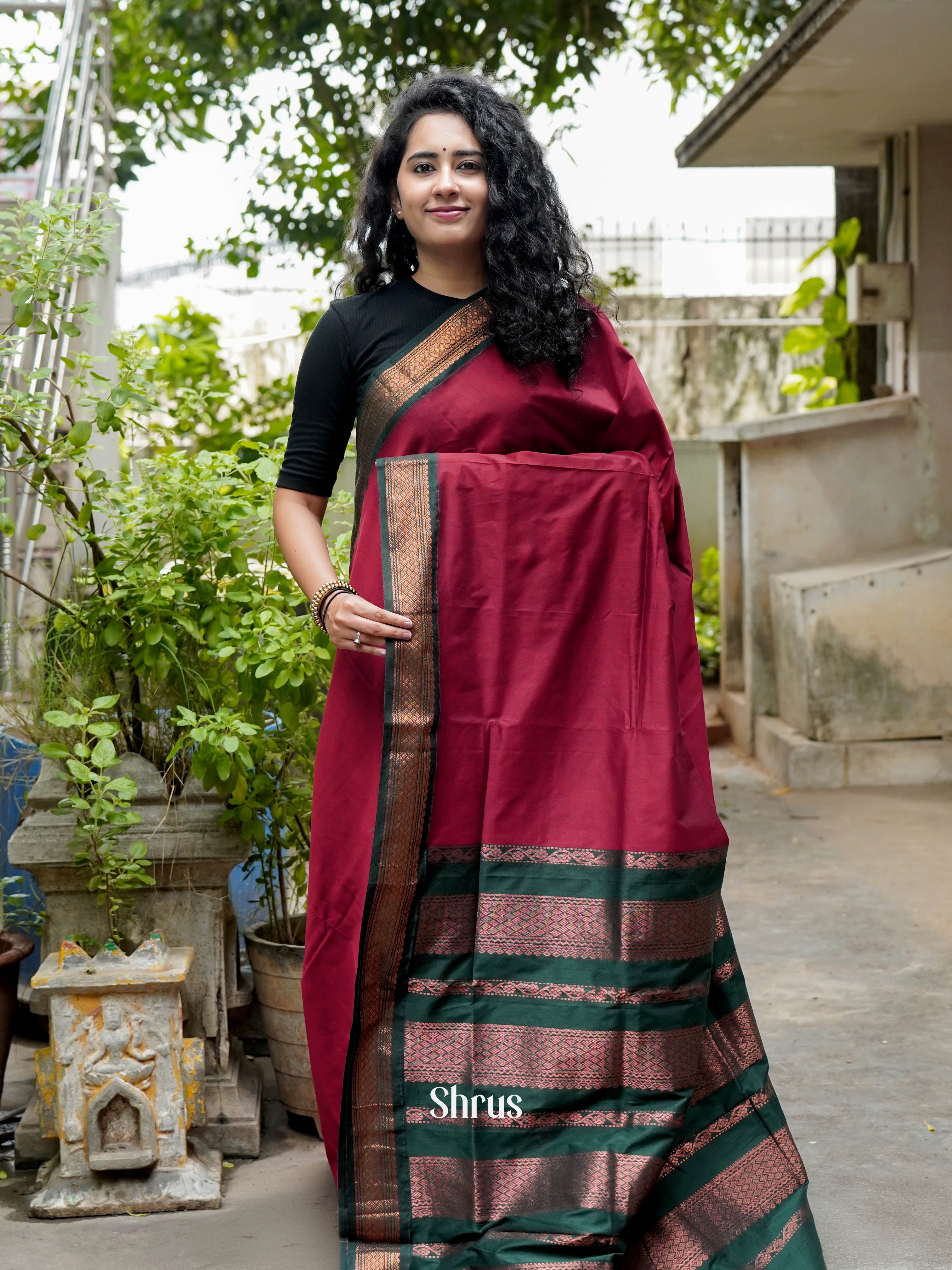 Maroon & Green - Kalyani Cotton Saree - Shop on ShrusEternity.com