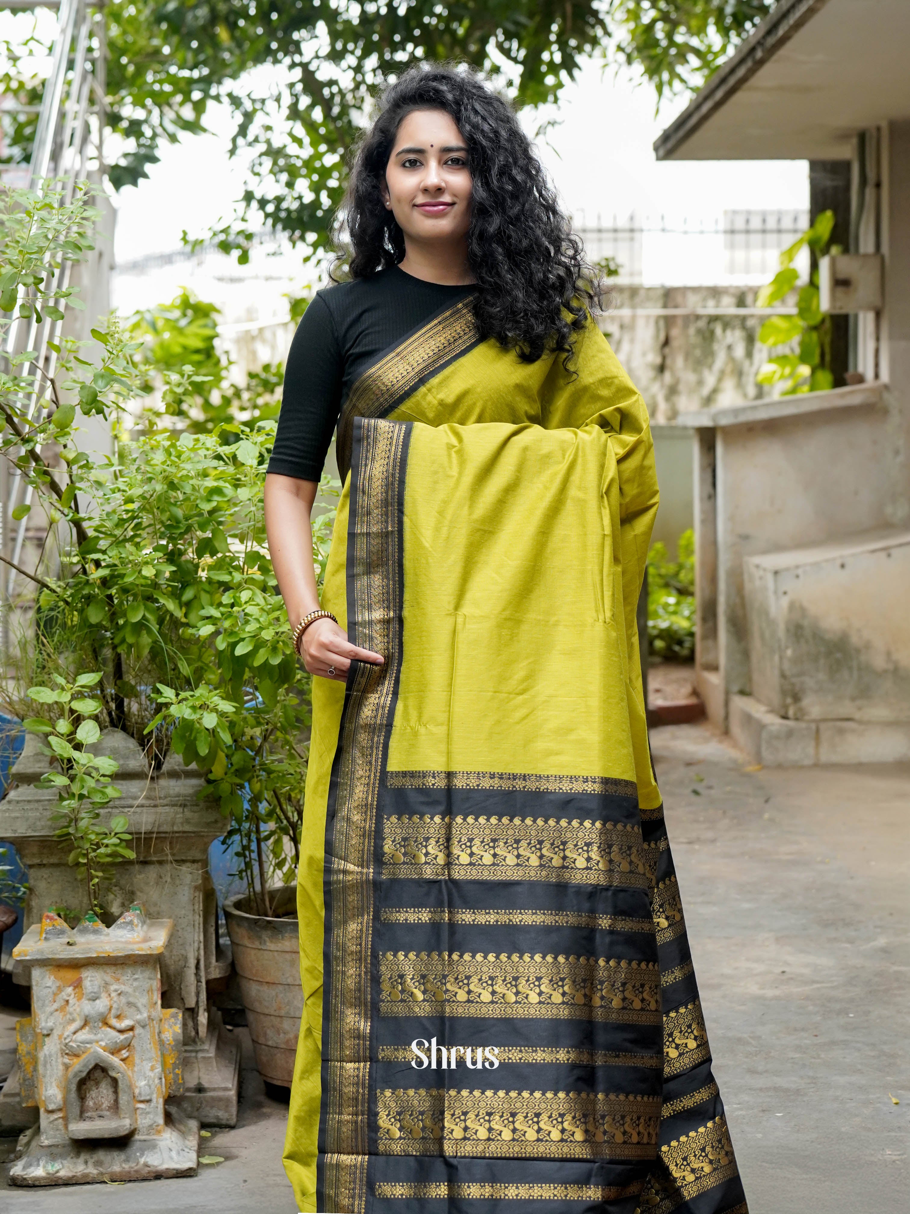 Mustardy Green & Green - Kalyani Cotton Saree - Shop on ShrusEternity.com