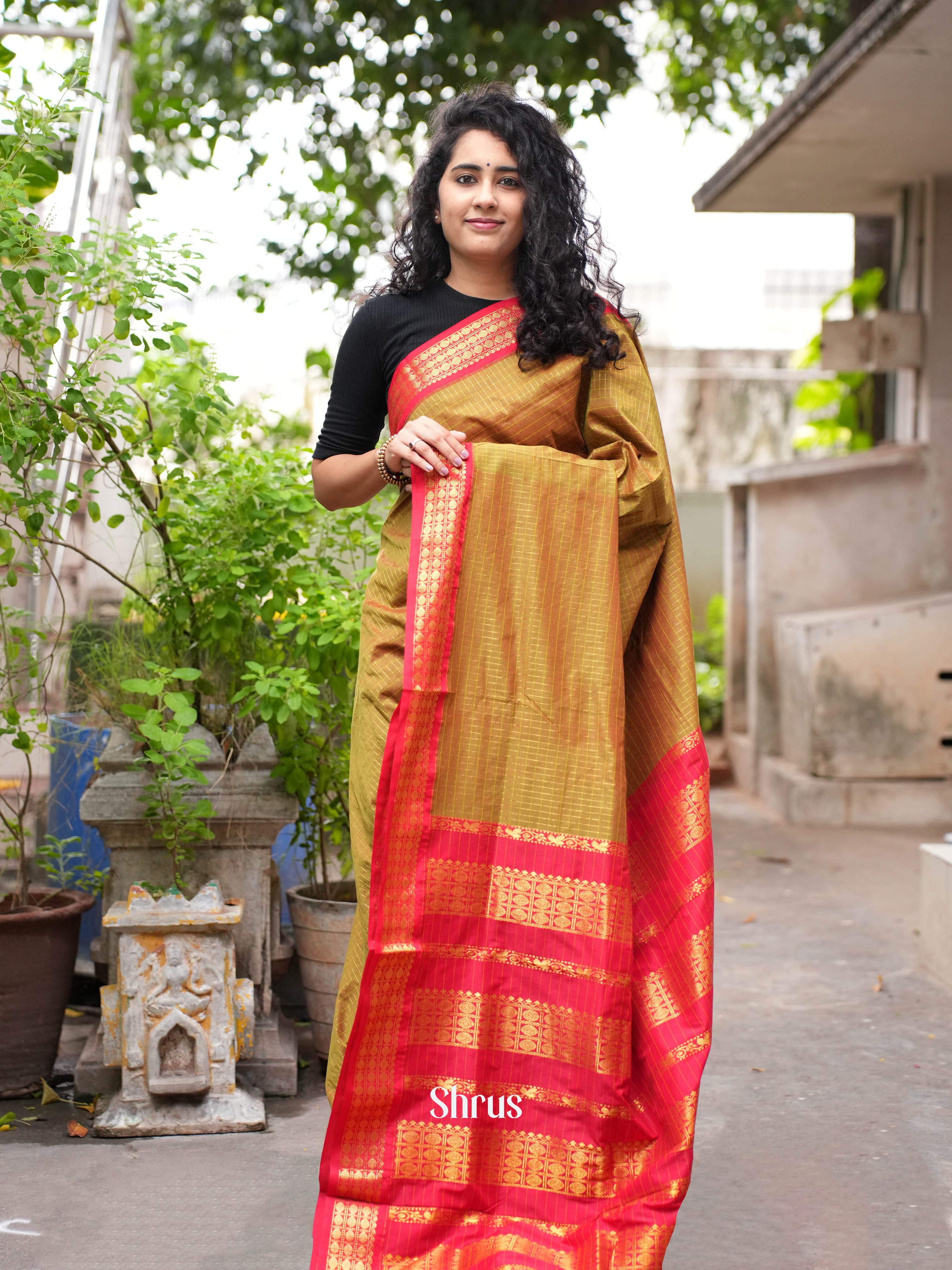 Mehandi Green & Red - Kalyani Cotton Saree - Shop on ShrusEternity.com