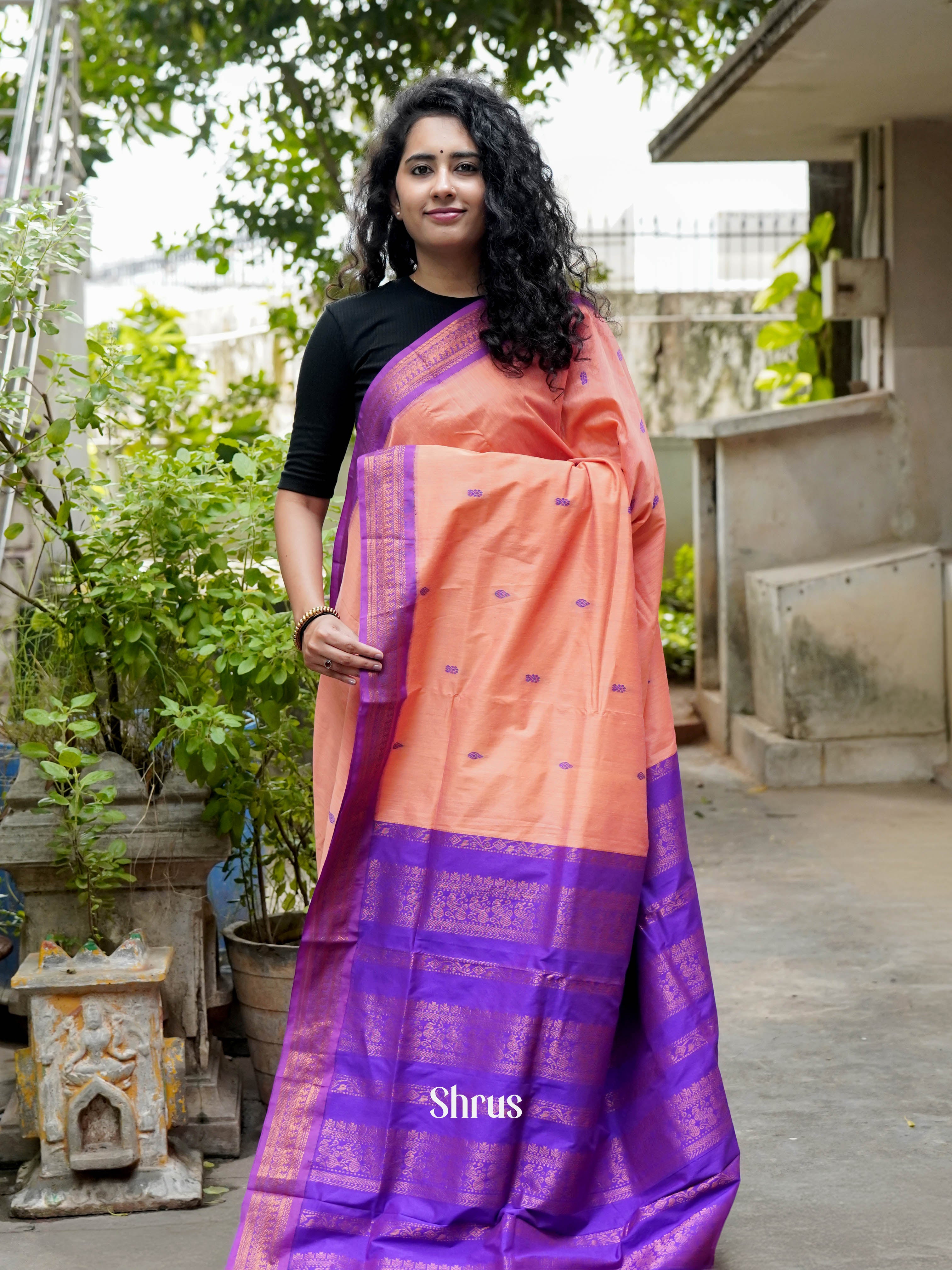 Peach & Purple - Kalyani Cotton Saree - Shop on ShrusEternity.com