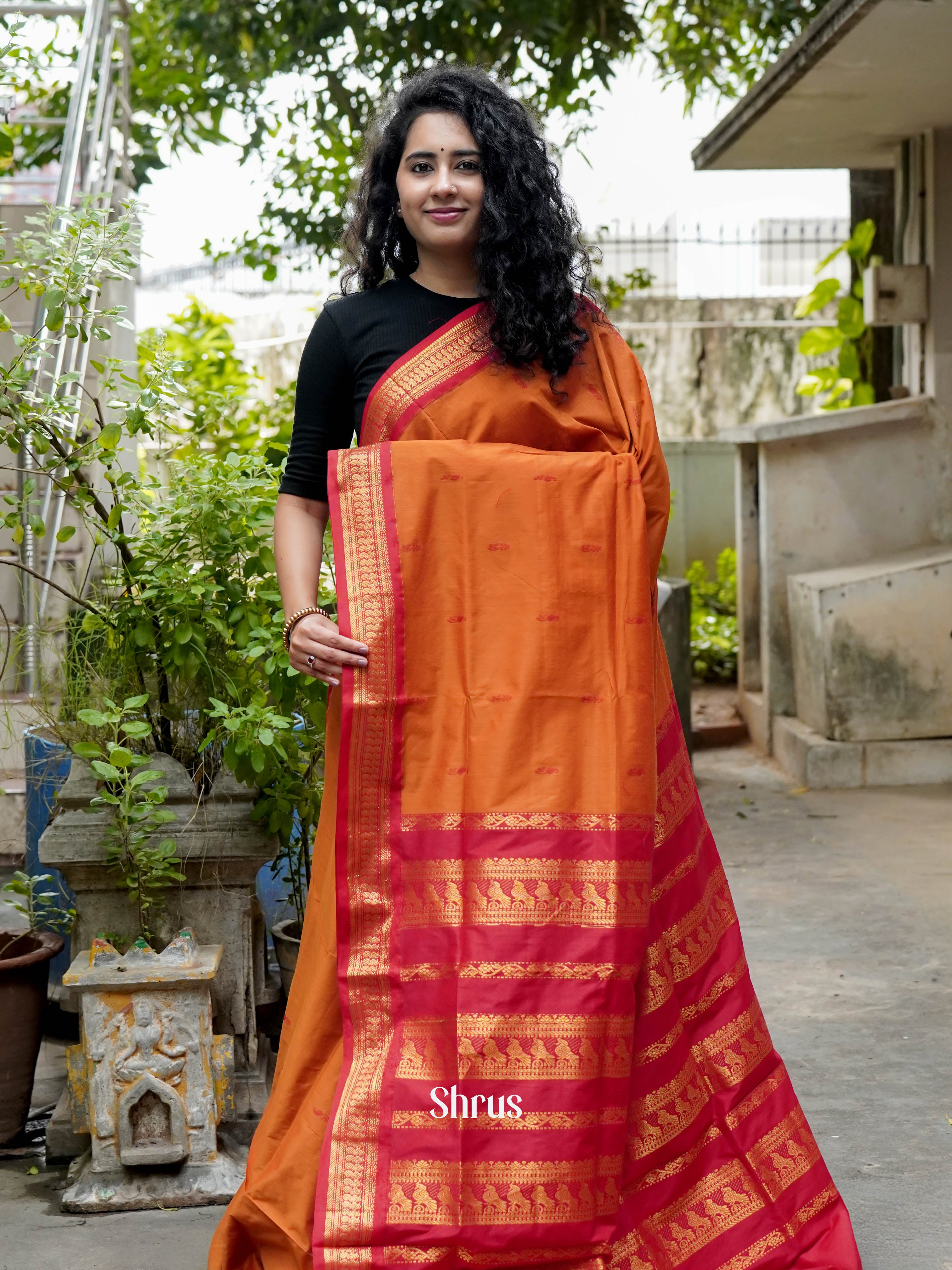 Orange & Red- Kalyani Cotton Saree - Shop on ShrusEternity.com