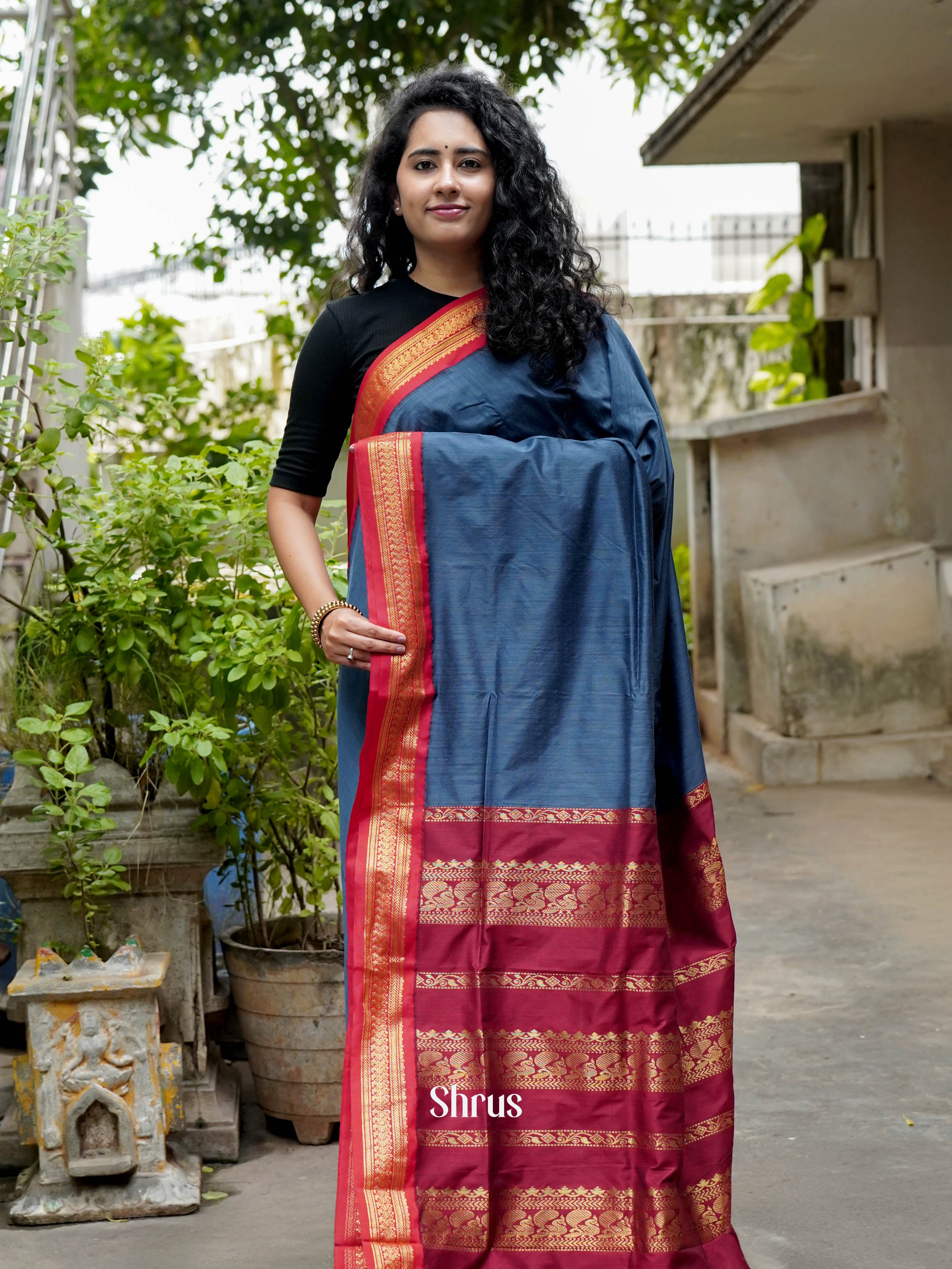 Blue & Maroon - Kalyani Cotton Saree - Shop on ShrusEternity.com