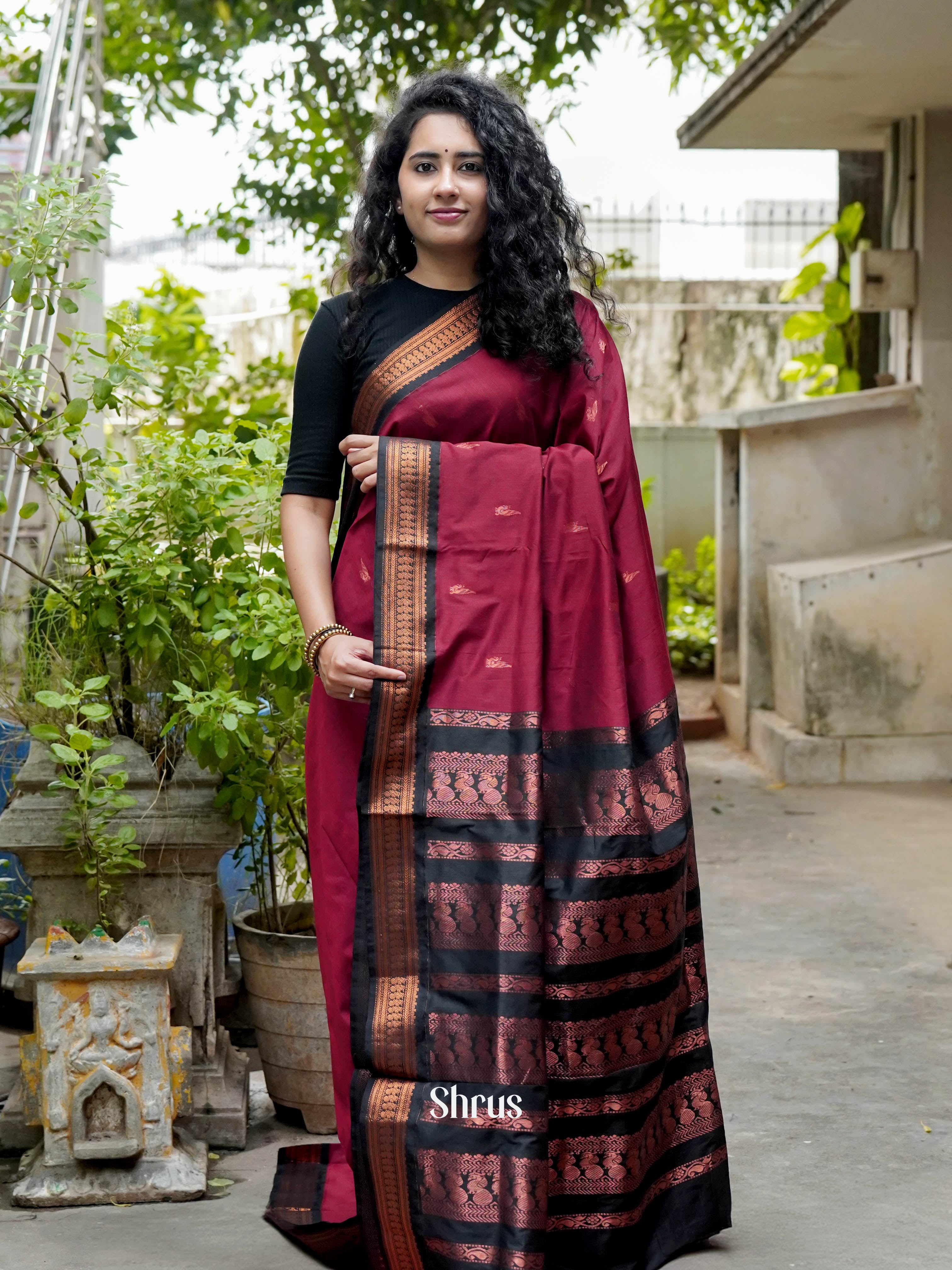 Maroon & Green - Kalyani Cotton Saree - Shop on ShrusEternity.com