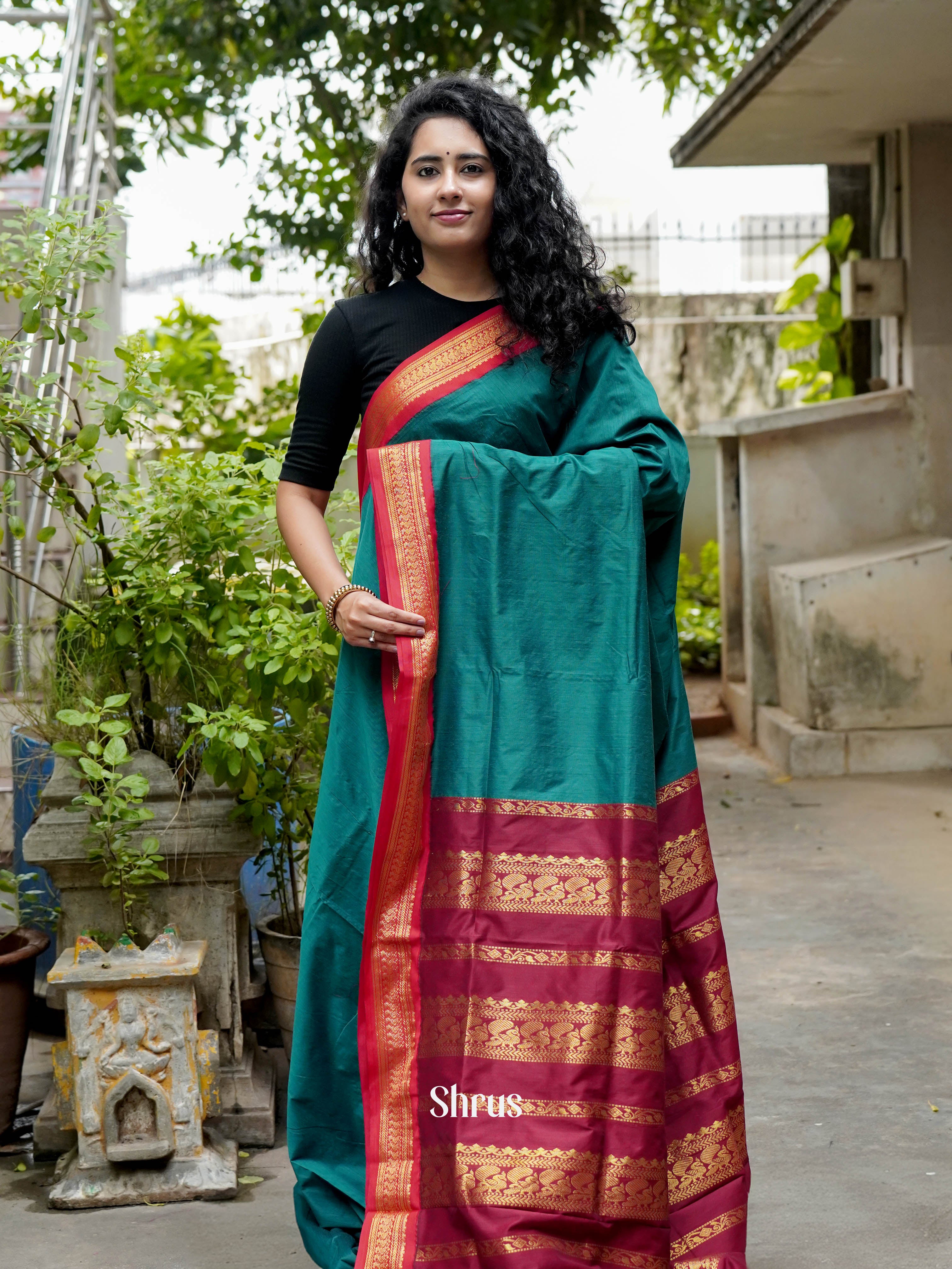 Green & Maroon- Kalyani Cotton Saree - Shop on ShrusEternity.com