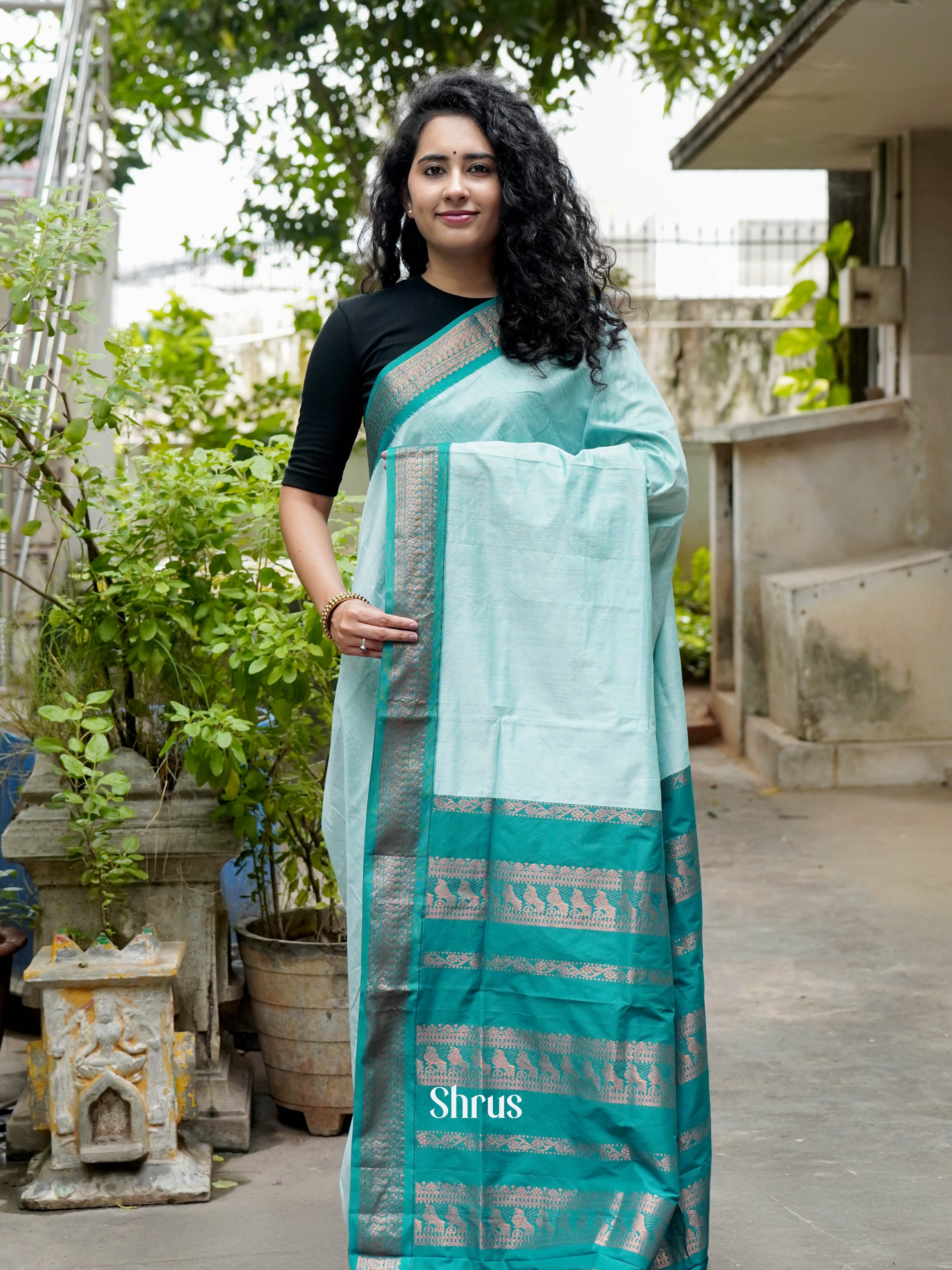 Ice Blue & Teal - Kalyani Cotton Saree - Shop on ShrusEternity.com