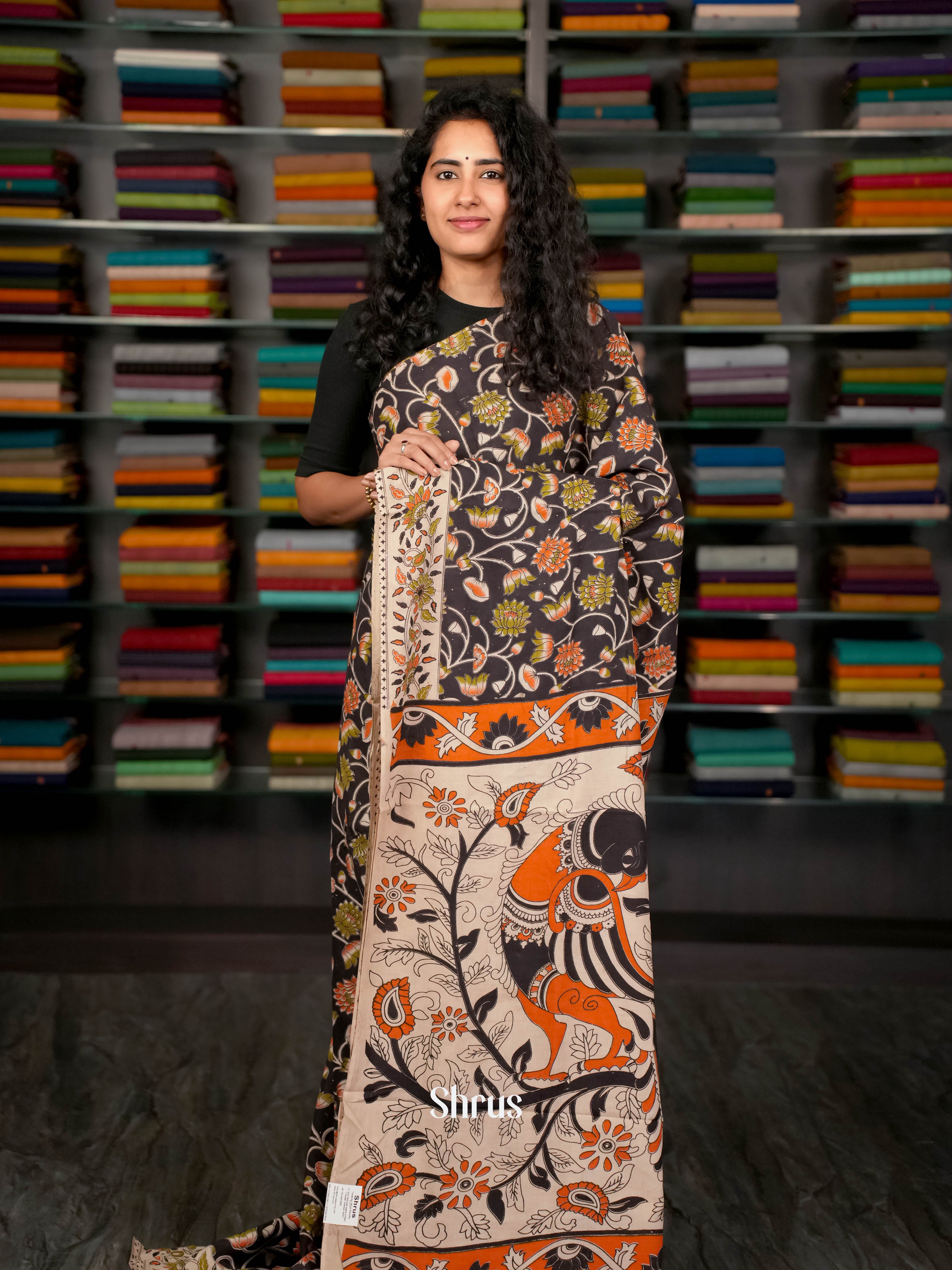 Black & Cream - kalamkari-cotton Saree - Shop on ShrusEternity.com
