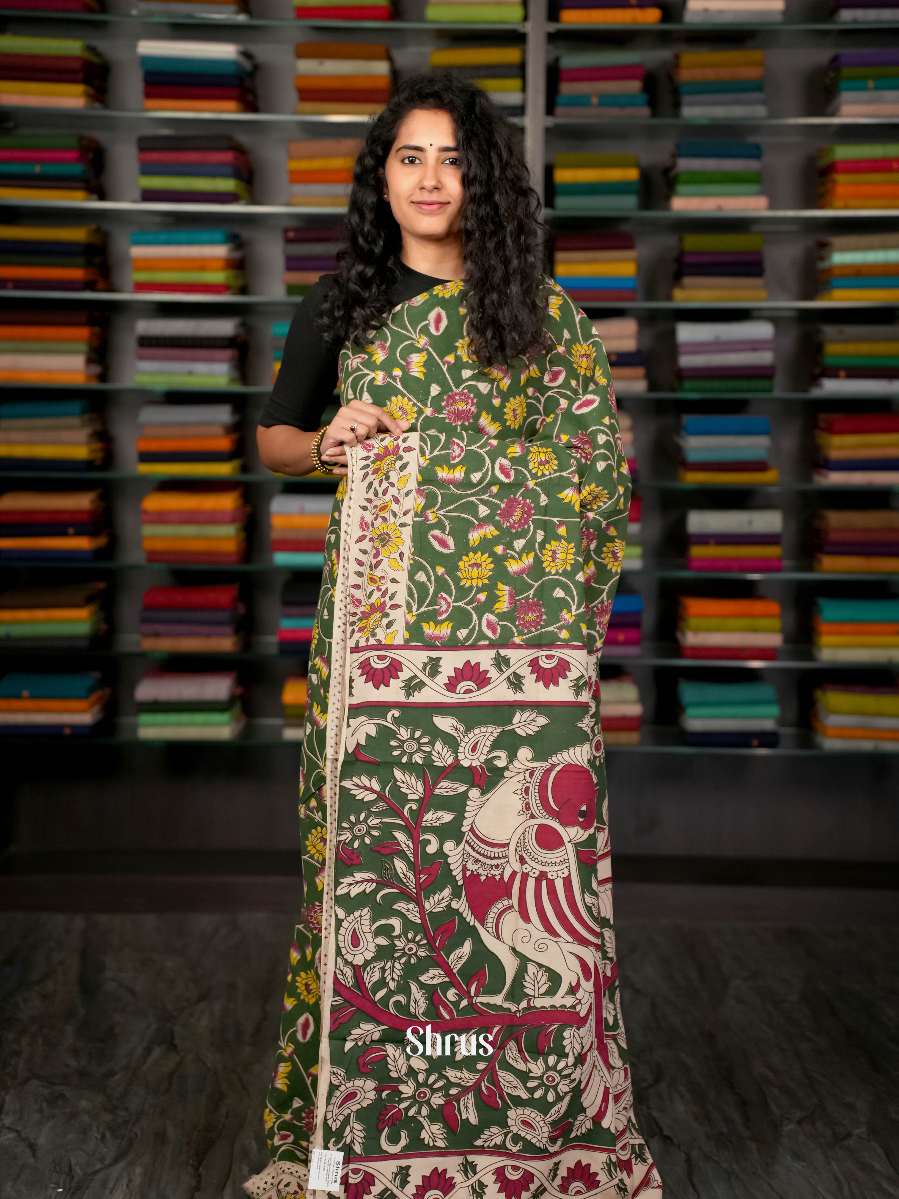 Green & Cream - kalamkari-cotton Saree - Shop on ShrusEternity.com