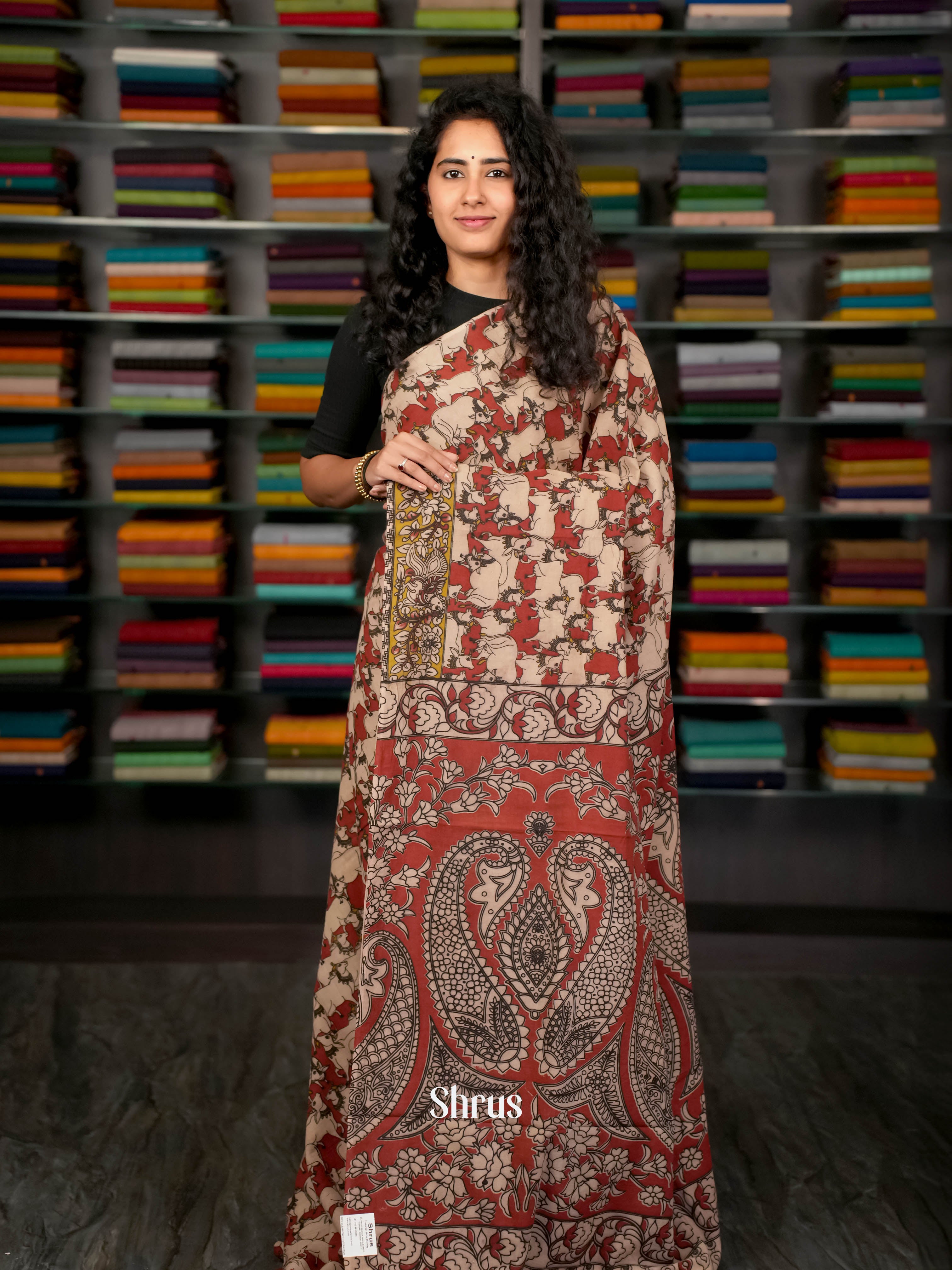 Red & Cream - kalamkari-cotton Saree - Shop on ShrusEternity.com