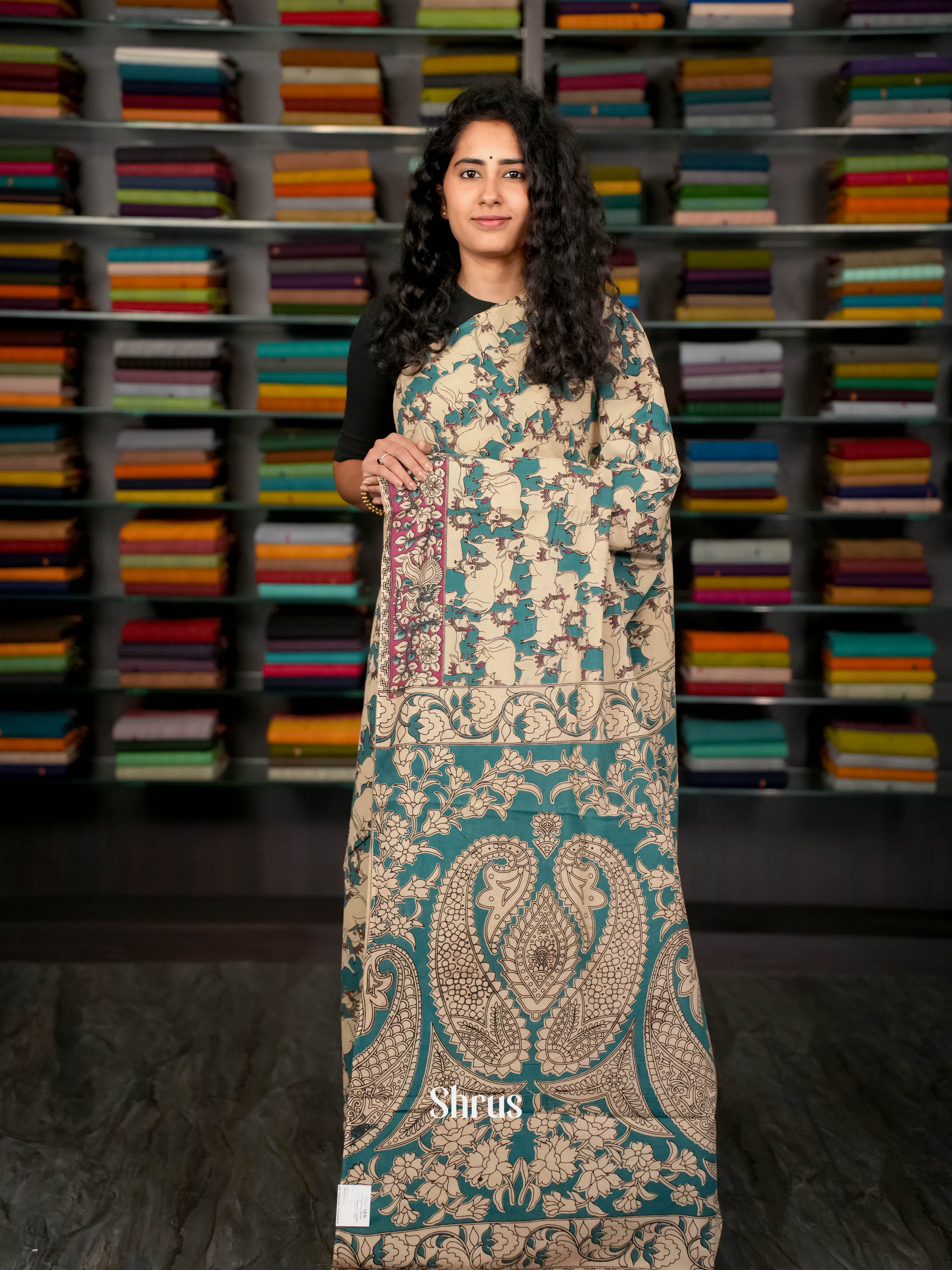 Teal & Cream - kalamkari-cotton Saree - Shop on ShrusEternity.com