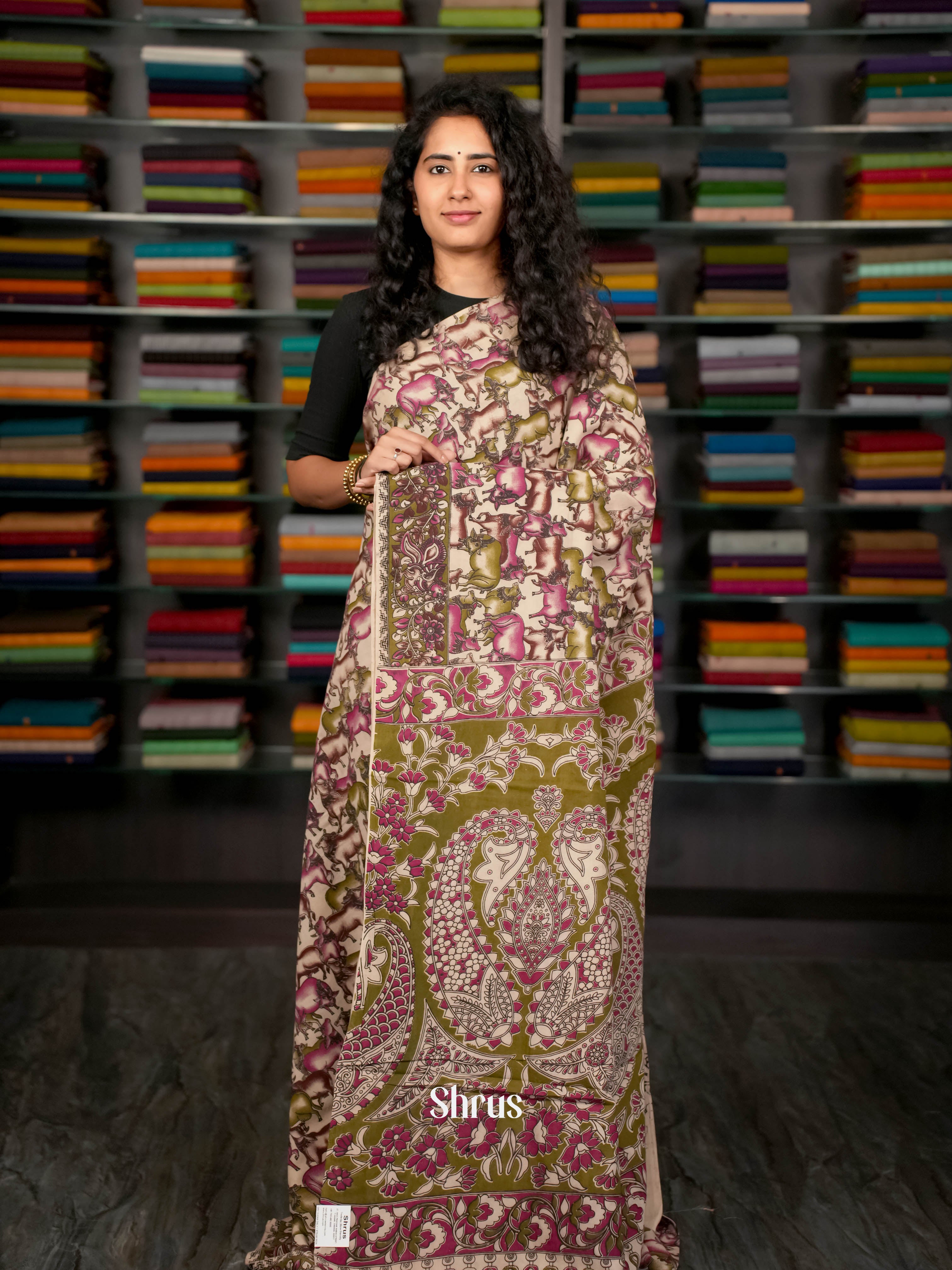 Cream & Pink- kalamkari-cotton Saree - Shop on ShrusEternity.com