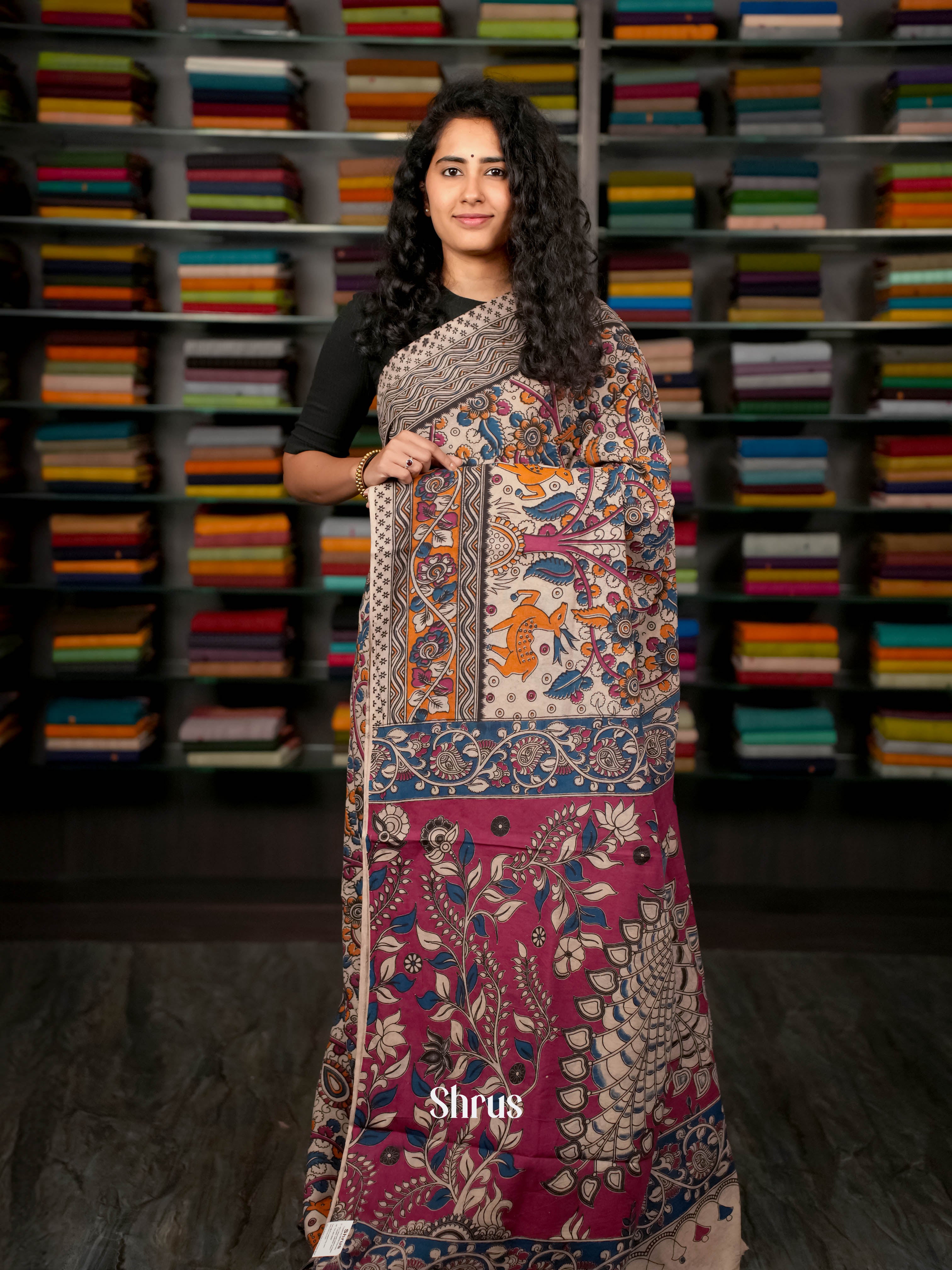 Cream & Pink- kalamkari-cotton Saree - Shop on ShrusEternity.com